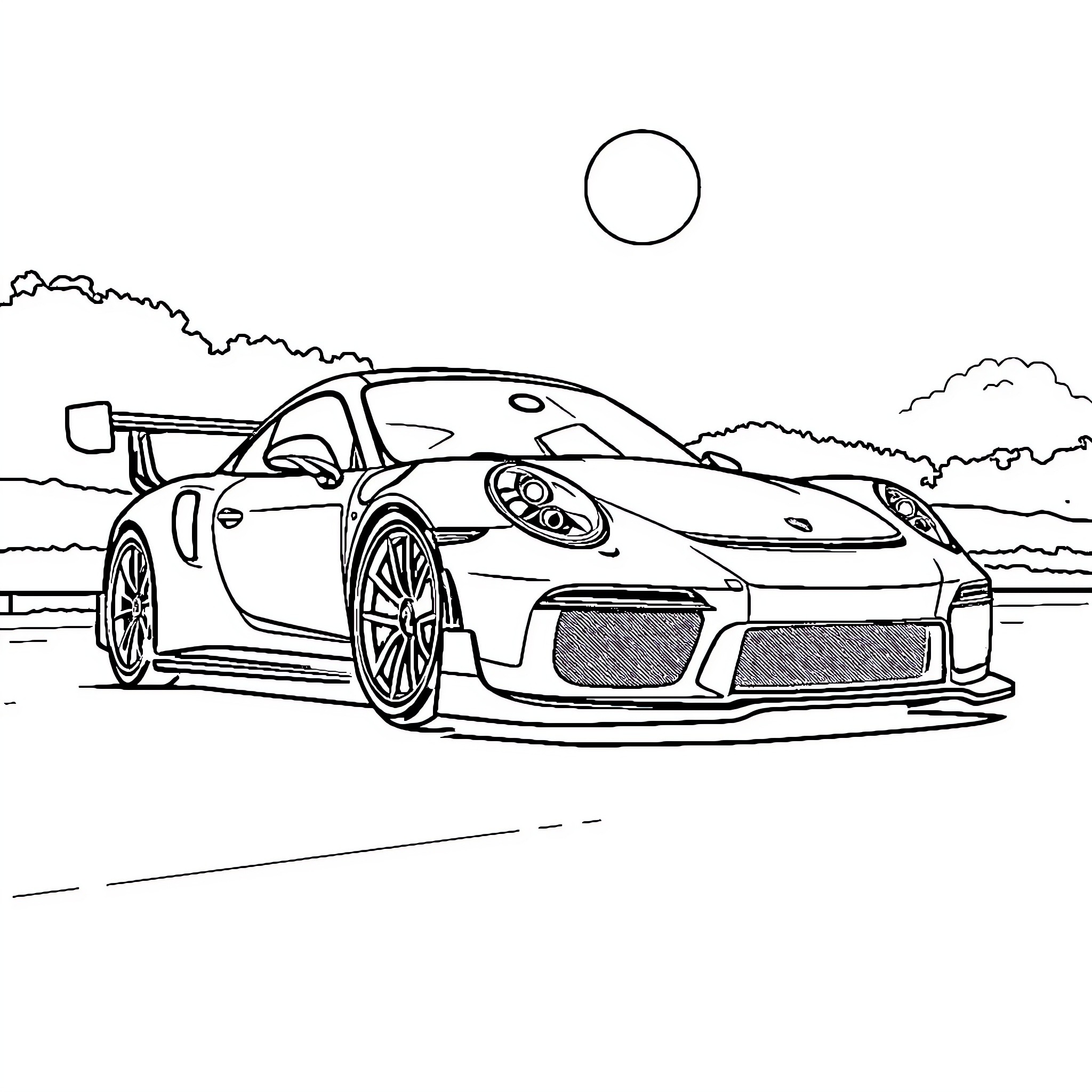 Porsche racing car speeding on the track Coloring Page (free black-and-white line drawing printable PDF for all, from beginners to advanced learners, including children, teens, adults, and seniors)