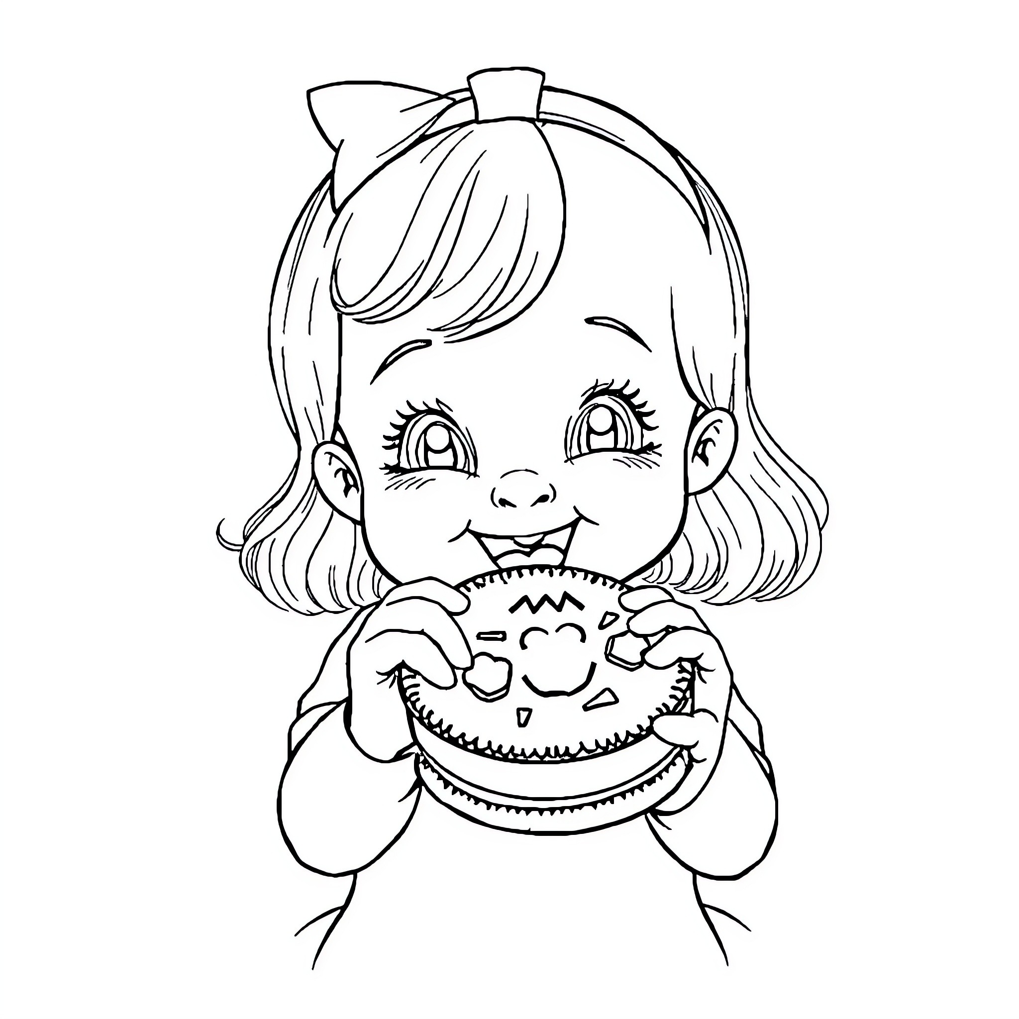 Baby Girl Enjoying a Cupcake with Delight Coloring Page (free black-and-white line drawing printable PDF for all, from beginners to advanced learners, including children, teens, adults, and seniors)