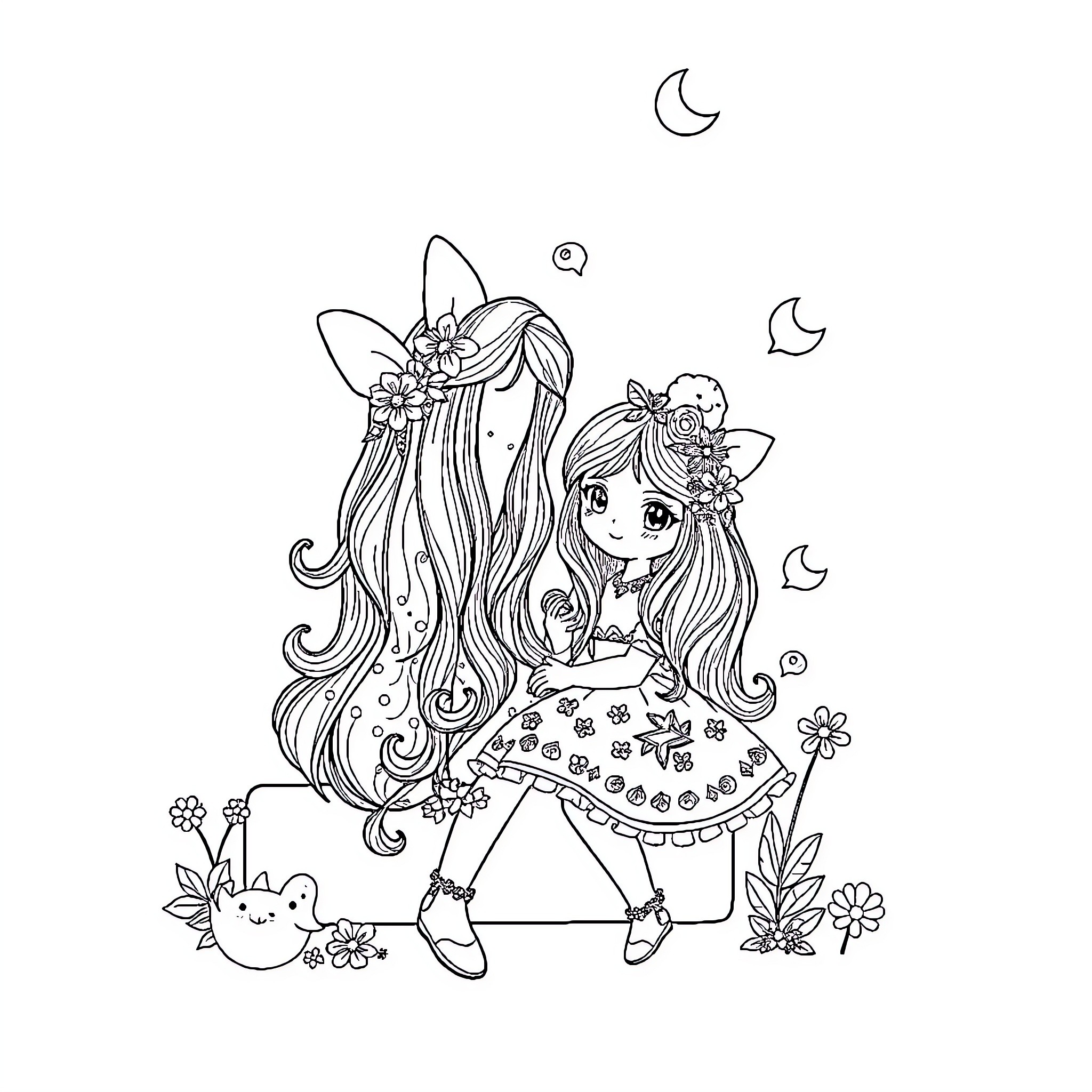 Gorjus Whimsical Flower Fairy in Enchanting Forest Coloring Page (free black-and-white line drawing printable PDF for all, from beginners to advanced learners, including children, teens, adults, and seniors)