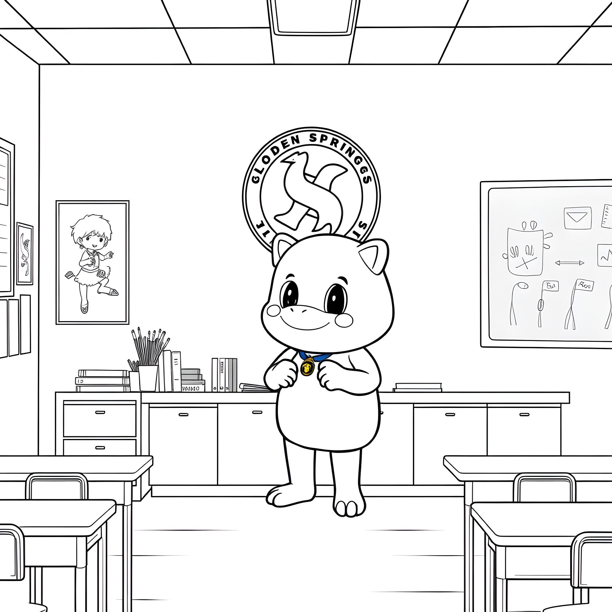 Labubu in a cheerful classroom setting Coloring Page (free black-and-white line drawing printable PDF for all, from beginners to advanced learners, including children, teens, adults, and seniors)