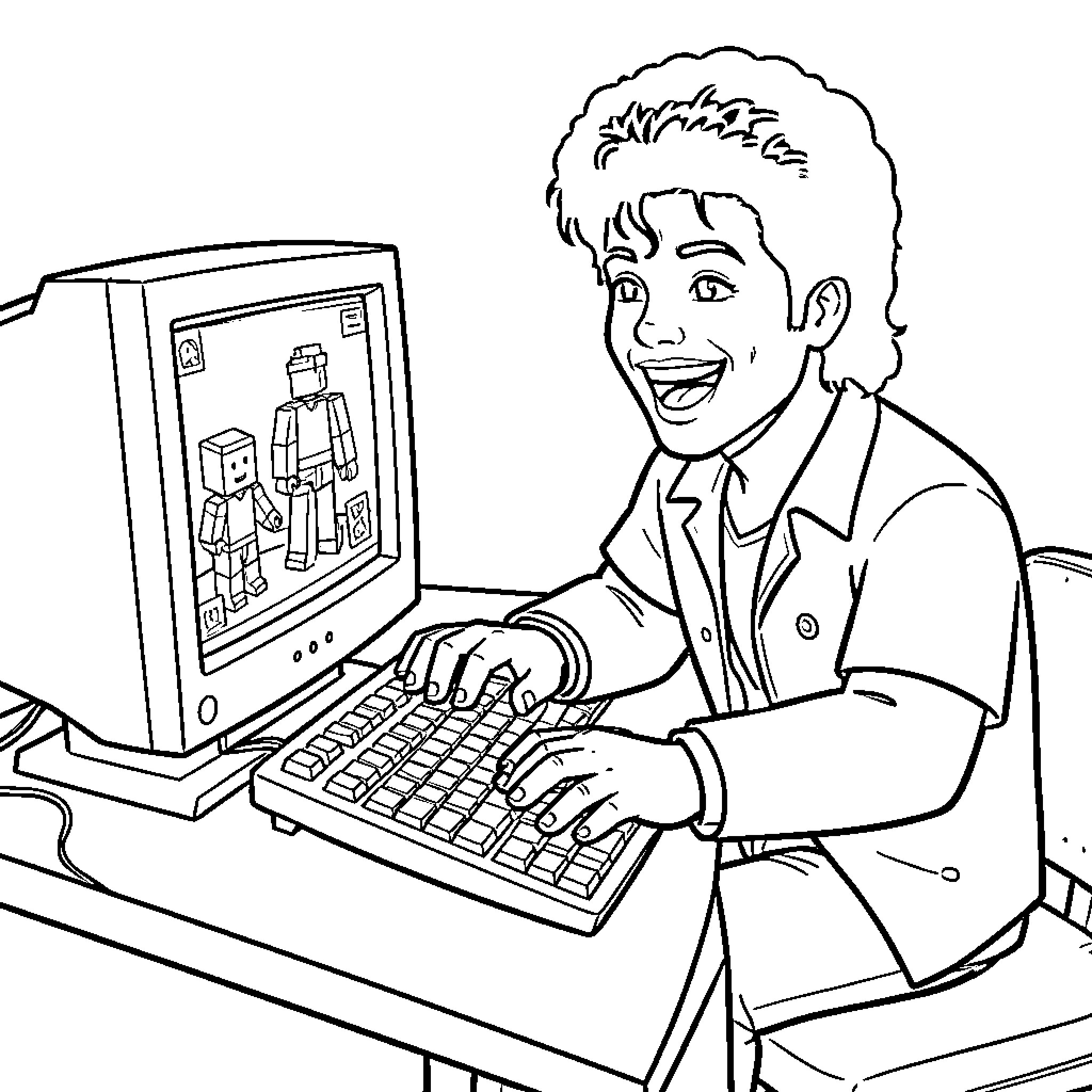 Michael Jackson smiling while using a computer Coloring Page (free black-and-white line drawing printable PDF for all, from beginners to advanced learners, including children, teens, adults, and seniors)