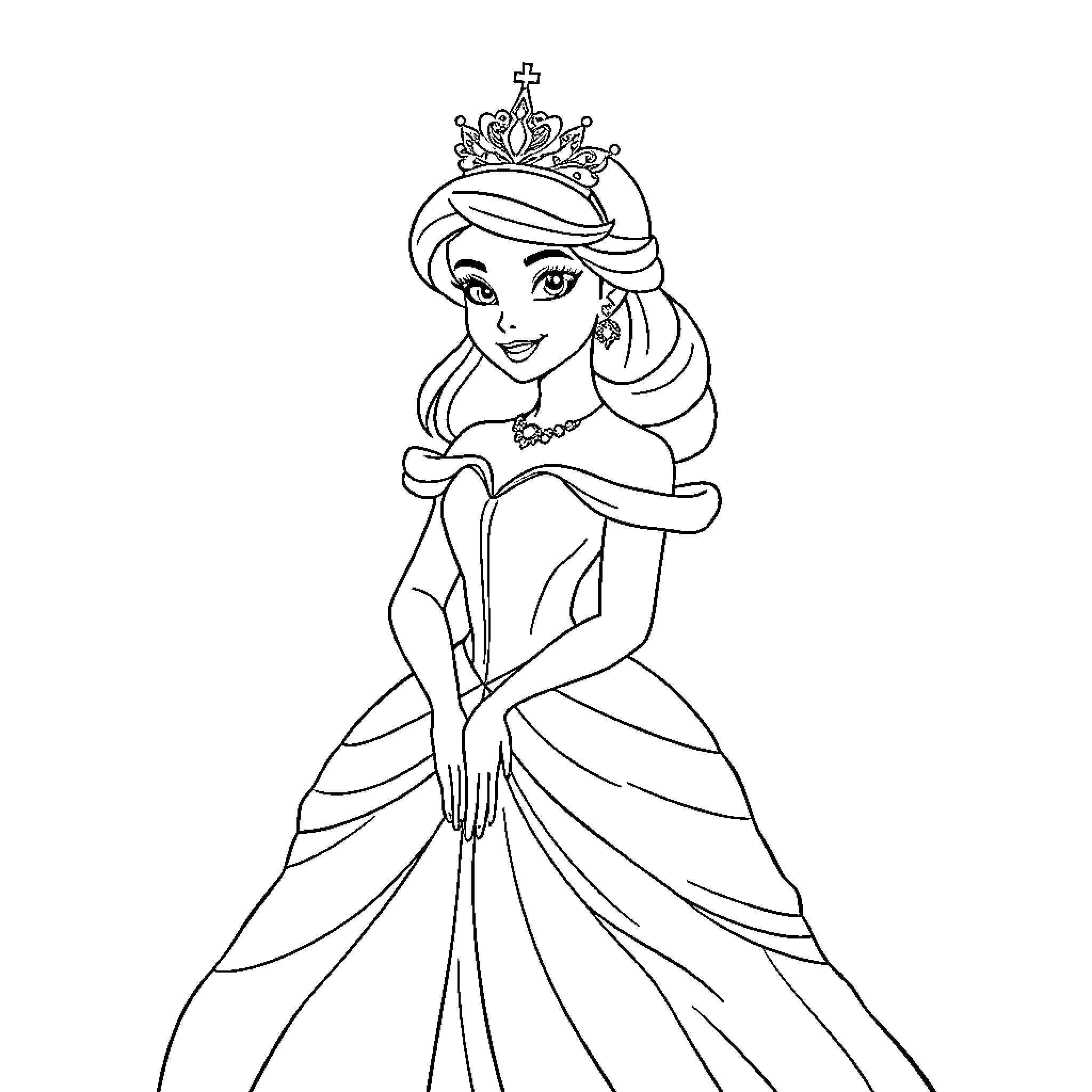 Disney Princess in Elegant Ball Gown and Crown Coloring Page (free black-and-white line drawing printable PDF for all, from beginners to advanced learners, including children, teens, adults, and seniors)