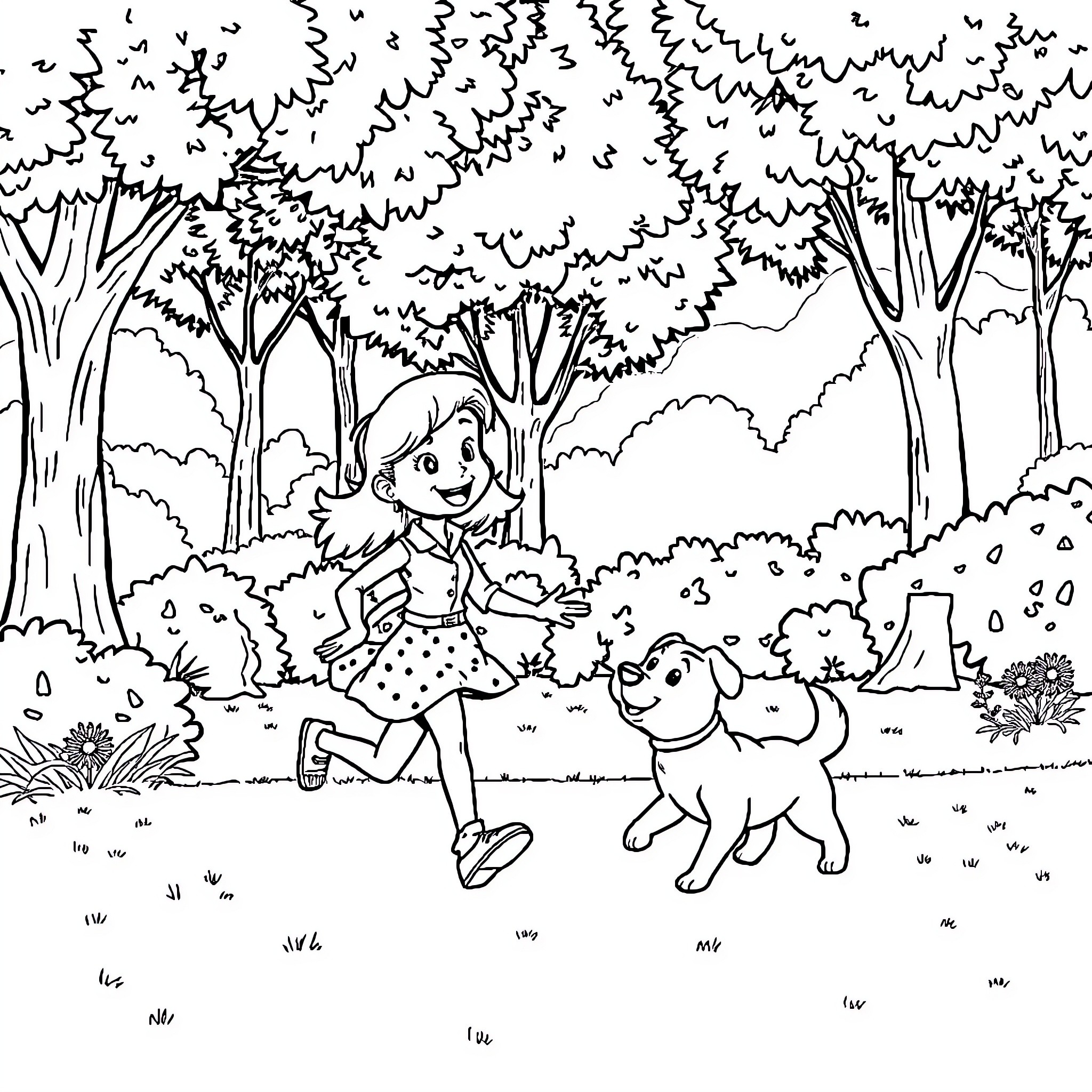 Character playing with pet in forest scene Coloring Page (free black-and-white line drawing printable PDF for all, from beginners to advanced learners, including children, teens, adults, and seniors)