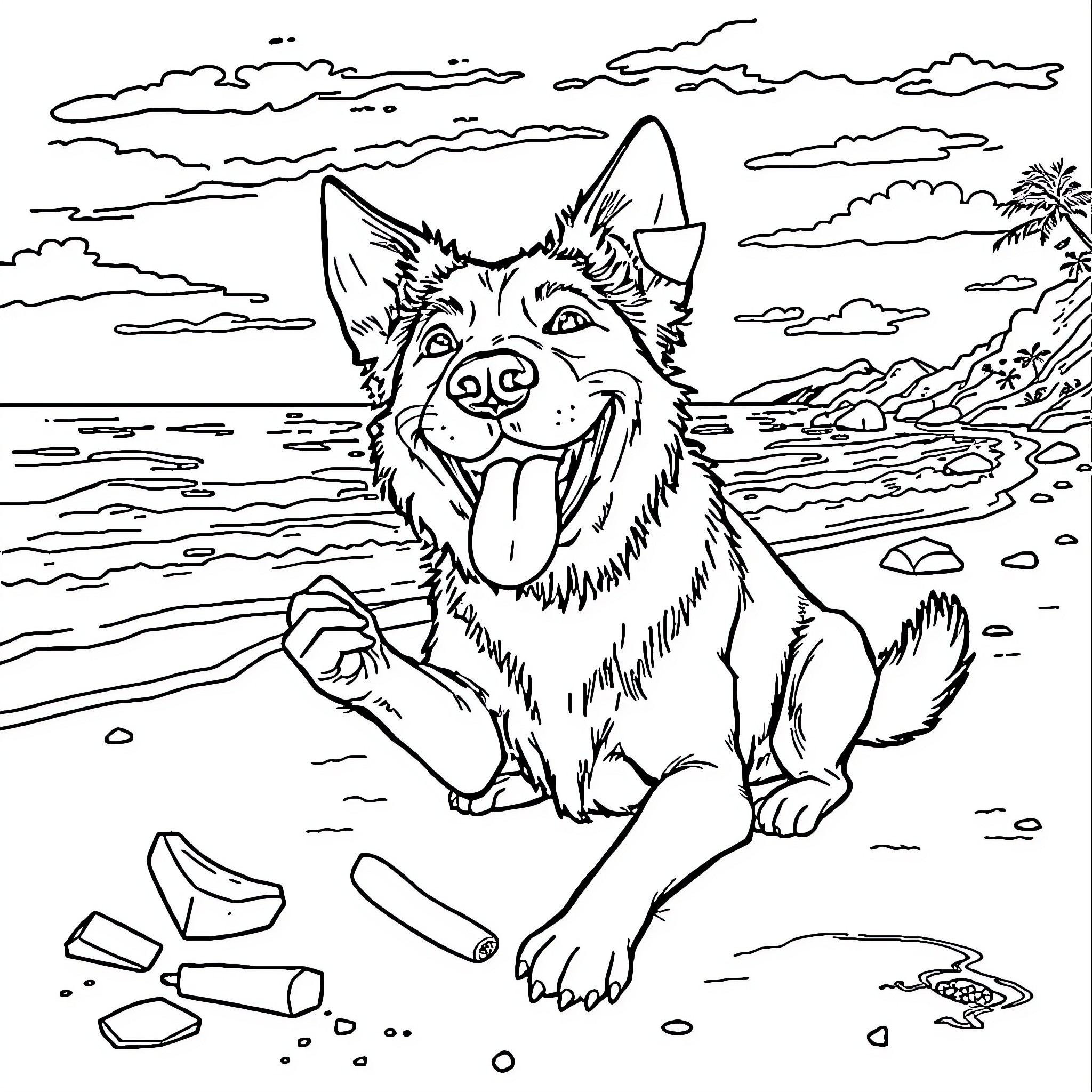 Dog enjoying the beach scenery Coloring Page (free black-and-white line drawing printable PDF for all, from beginners to advanced learners, including children, teens, adults, and seniors)
