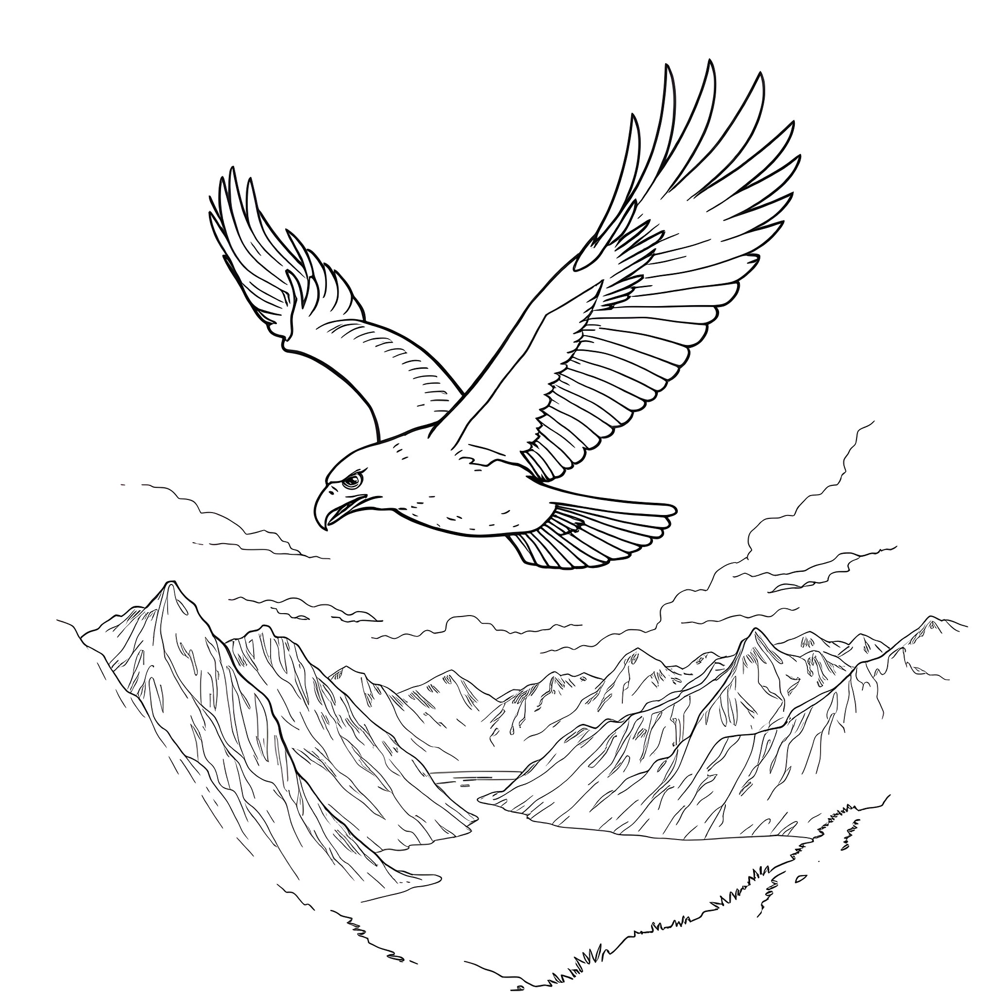 Eagle soaring gracefully over majestic mountains Coloring Page (free black-and-white line drawing printable PDF for all, from beginners to advanced learners, including children, teens, adults, and seniors)