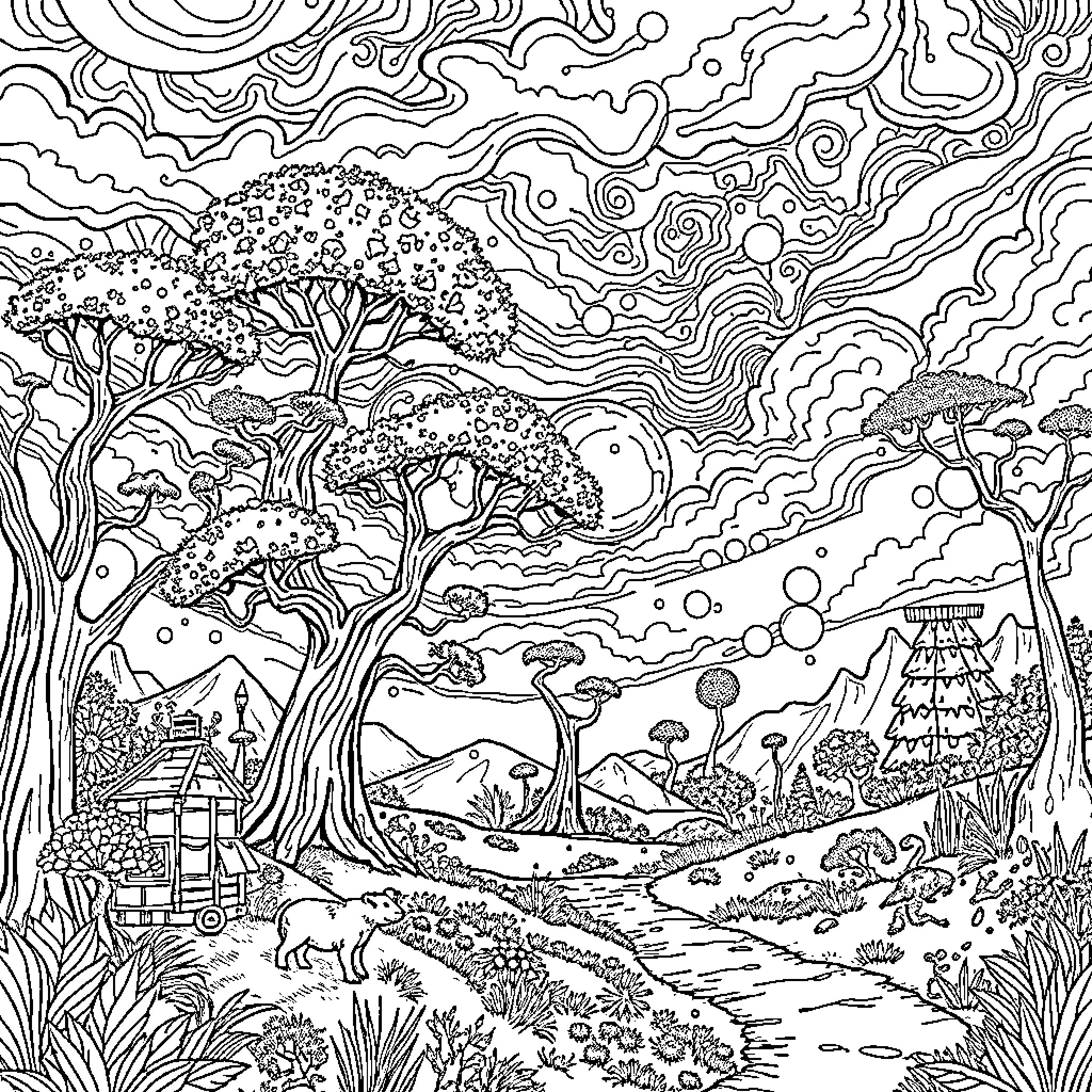 World of Whimsical Wilderness Wonderland Coloring Page (free black-and-white line drawing printable PDF for all, from beginners to advanced learners, including children, teens, adults, and seniors)