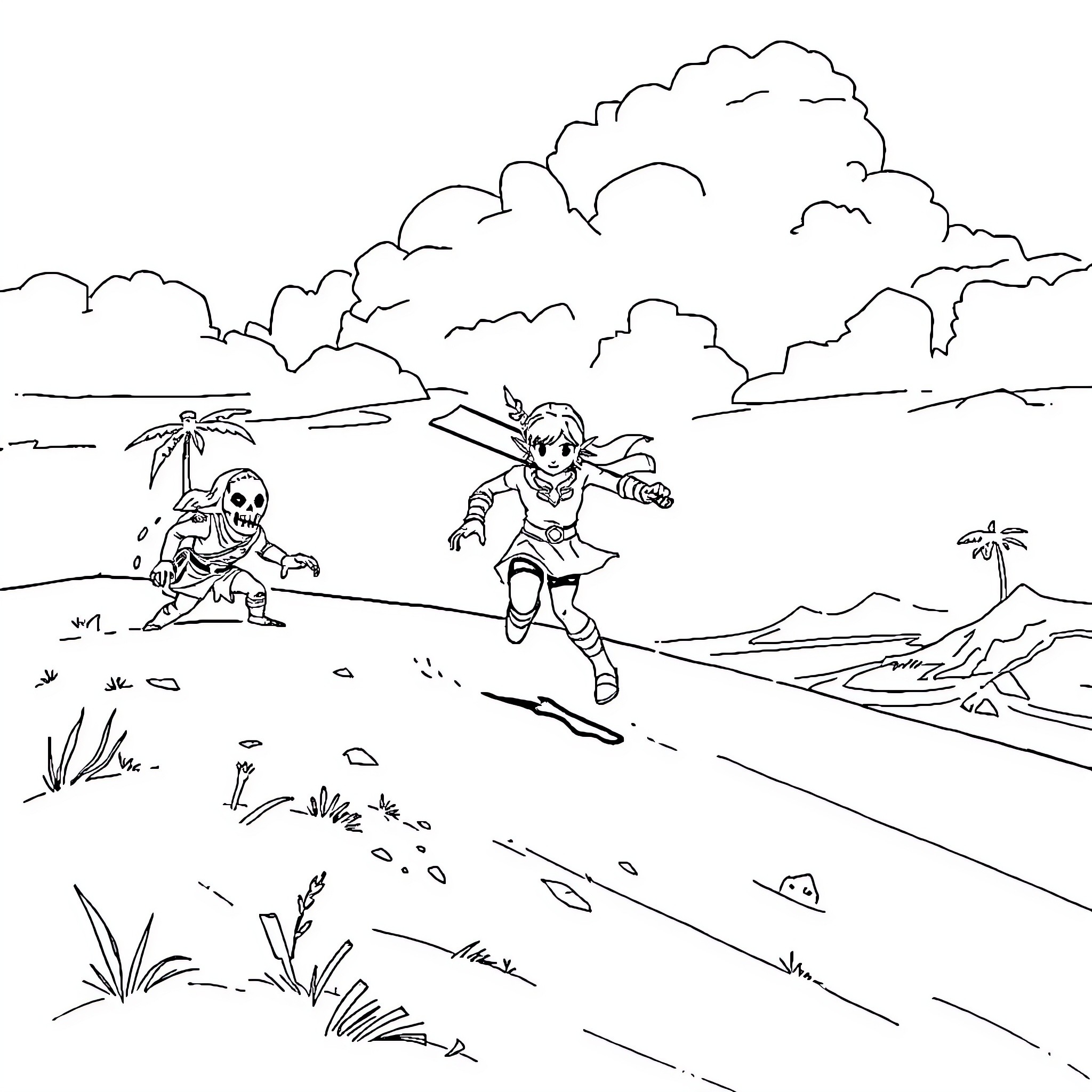 Zelda's Adventure in the Enchanted Wilderness Coloring Page (free black-and-white line drawing printable PDF for all, from beginners to advanced learners, including children, teens, adults, and seniors)