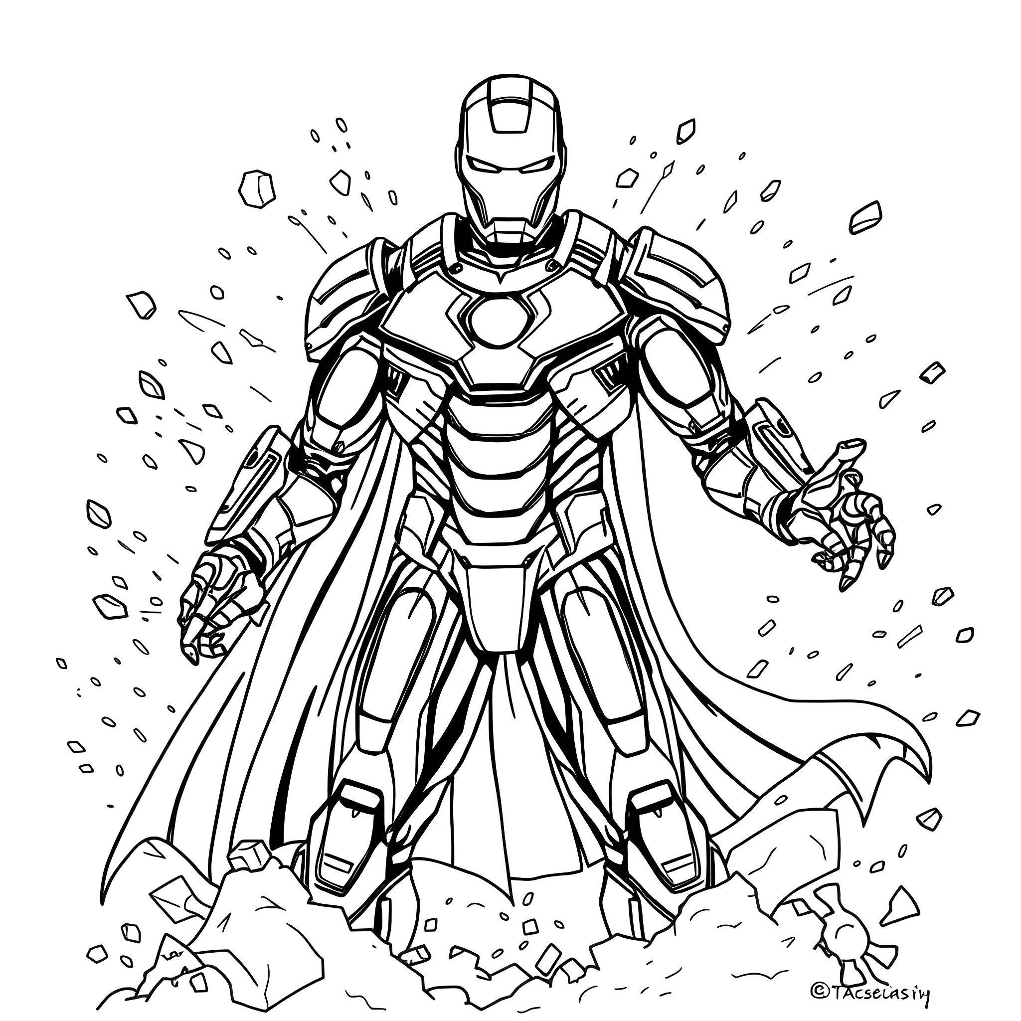 Iron Freeze - Heroic Armored Figure in Action Coloring Page (free black-and-white line drawing printable PDF for all, from beginners to advanced learners, including children, teens, adults, and seniors)