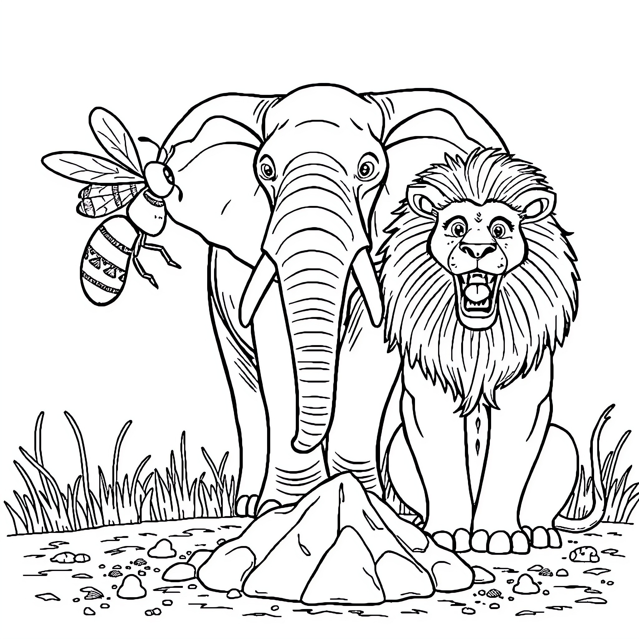 Bee, Elephant, and Lion in Wild Nature Coloring Page (free black-and-white line drawing printable PDF for all, from beginners to advanced learners, including children, teens, adults, and seniors)