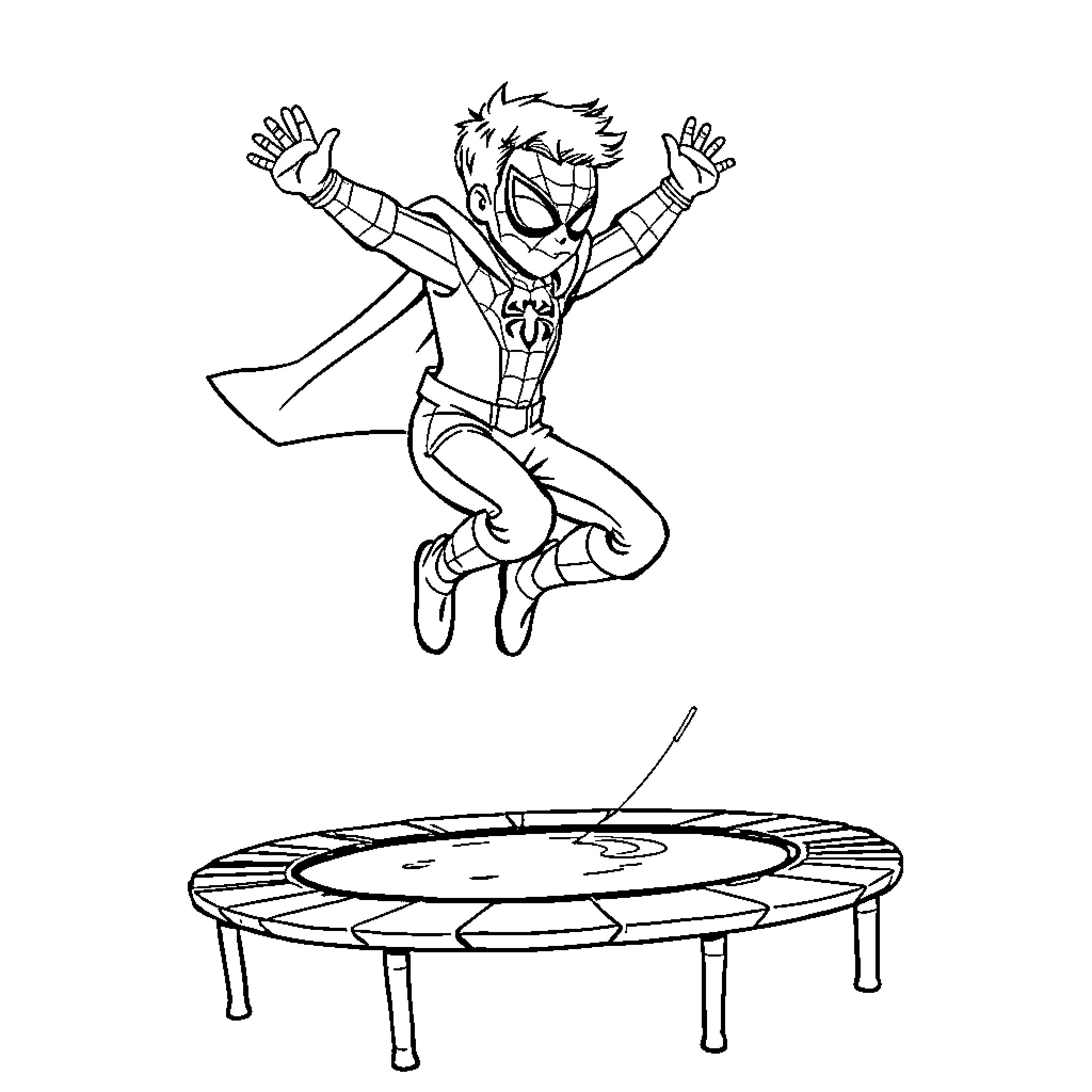 Spider-Man jumping excitedly on trampoline Coloring Page (free black-and-white line drawing printable PDF for all, from beginners to advanced learners, including children, teens, adults, and seniors)