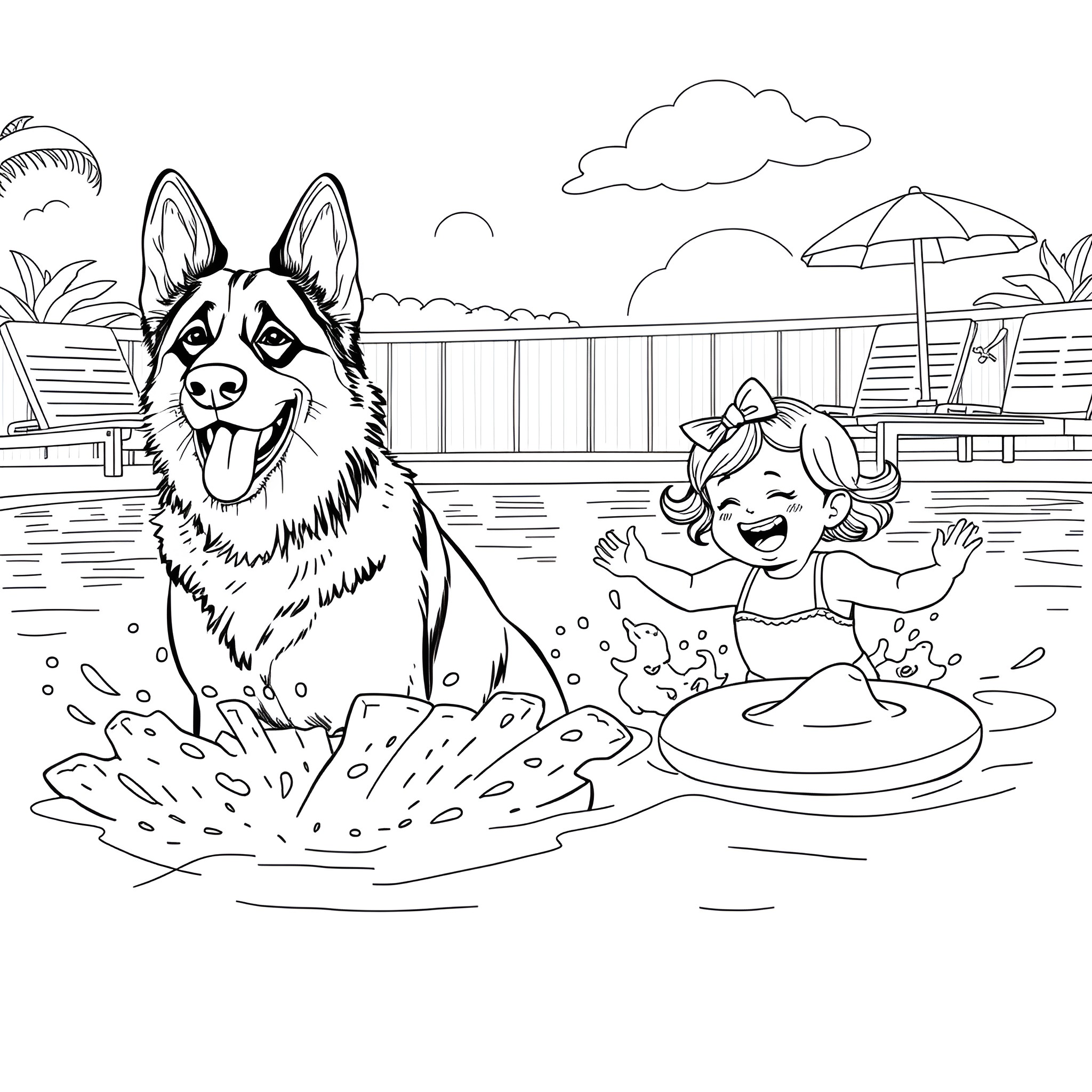 German Shepherd playing with child at the poolside Coloring Page (free black-and-white line drawing printable PDF for all, from beginners to advanced learners, including children, teens, adults, and seniors)