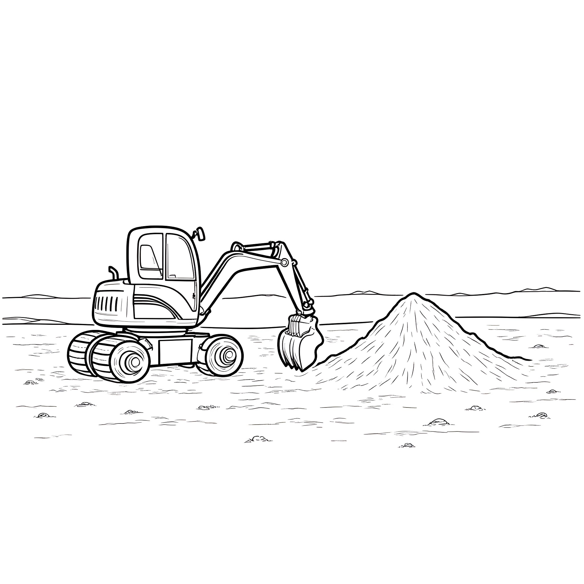 Excavator working on construction site Coloring Page (free black-and-white line drawing printable PDF for all, from beginners to advanced learners, including children, teens, adults, and seniors)