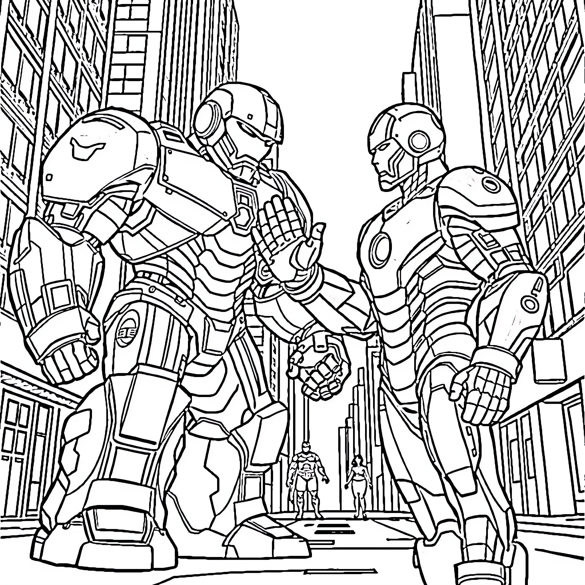 Hulkbuster Armored Suit Confrontation in Urban Cityscape Coloring Page (free black-and-white line drawing printable PDF for all, from beginners to advanced learners, including children, teens, adults, and seniors)