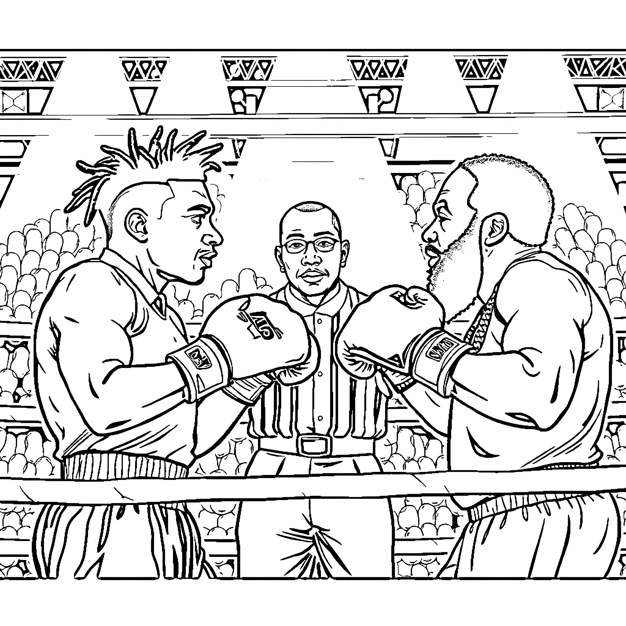 Boxing match between two athletes observed by a referee Coloring Page (free black-and-white line drawing printable PDF for all, from beginners to advanced learners, including children, teens, adults, and seniors)