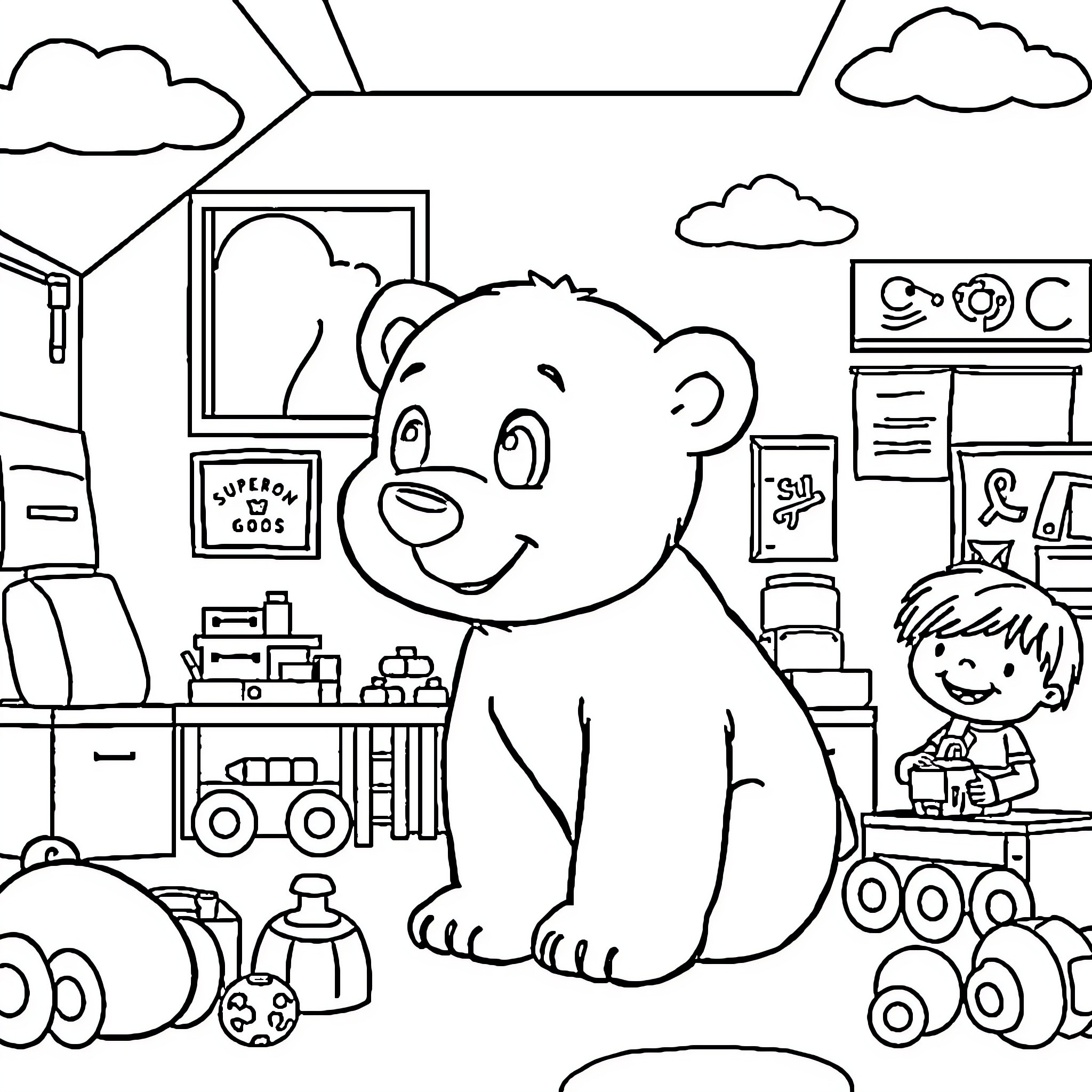 Polar Bear playing with toys in a room Coloring Page (free black-and-white line drawing printable PDF for all, from beginners to advanced learners, including children, teens, adults, and seniors)