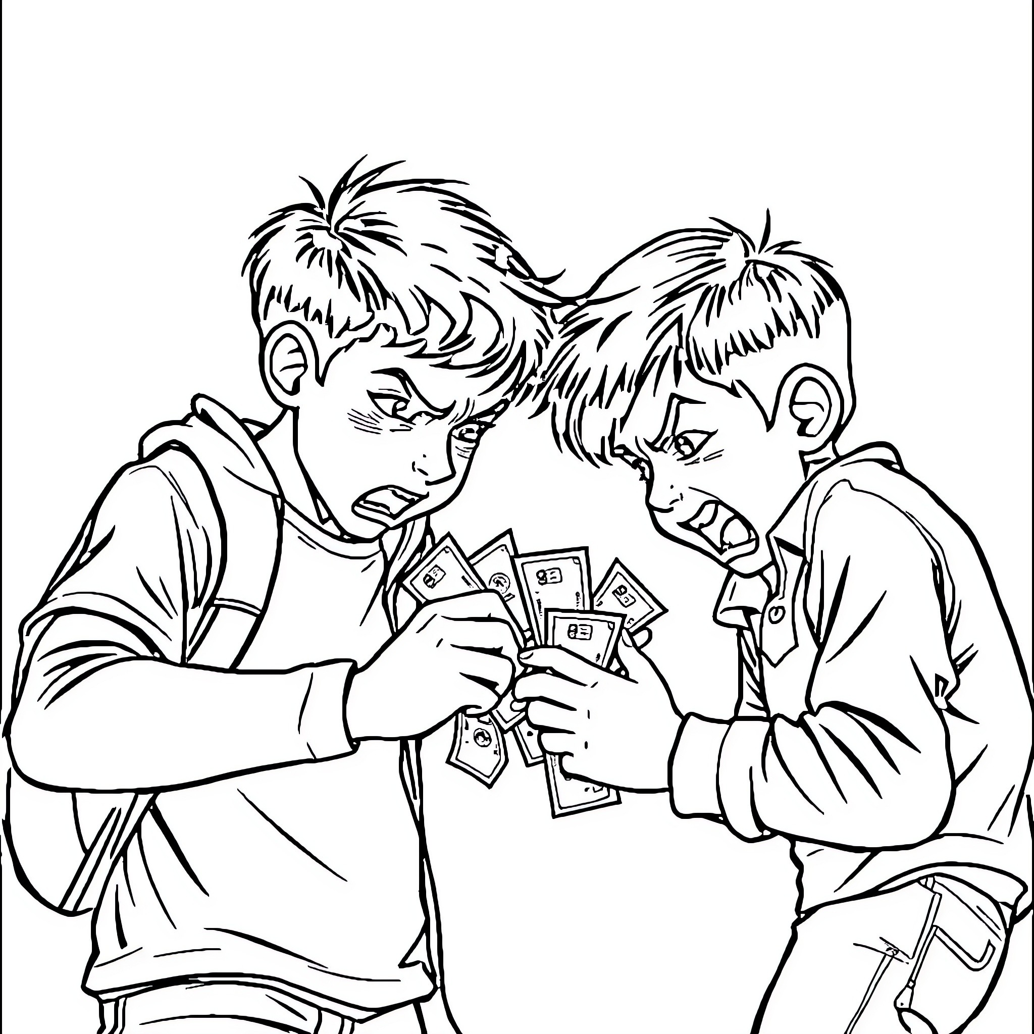 Child friends discussing money together Coloring Page (free black-and-white line drawing printable PDF for all, from beginners to advanced learners, including children, teens, adults, and seniors)
