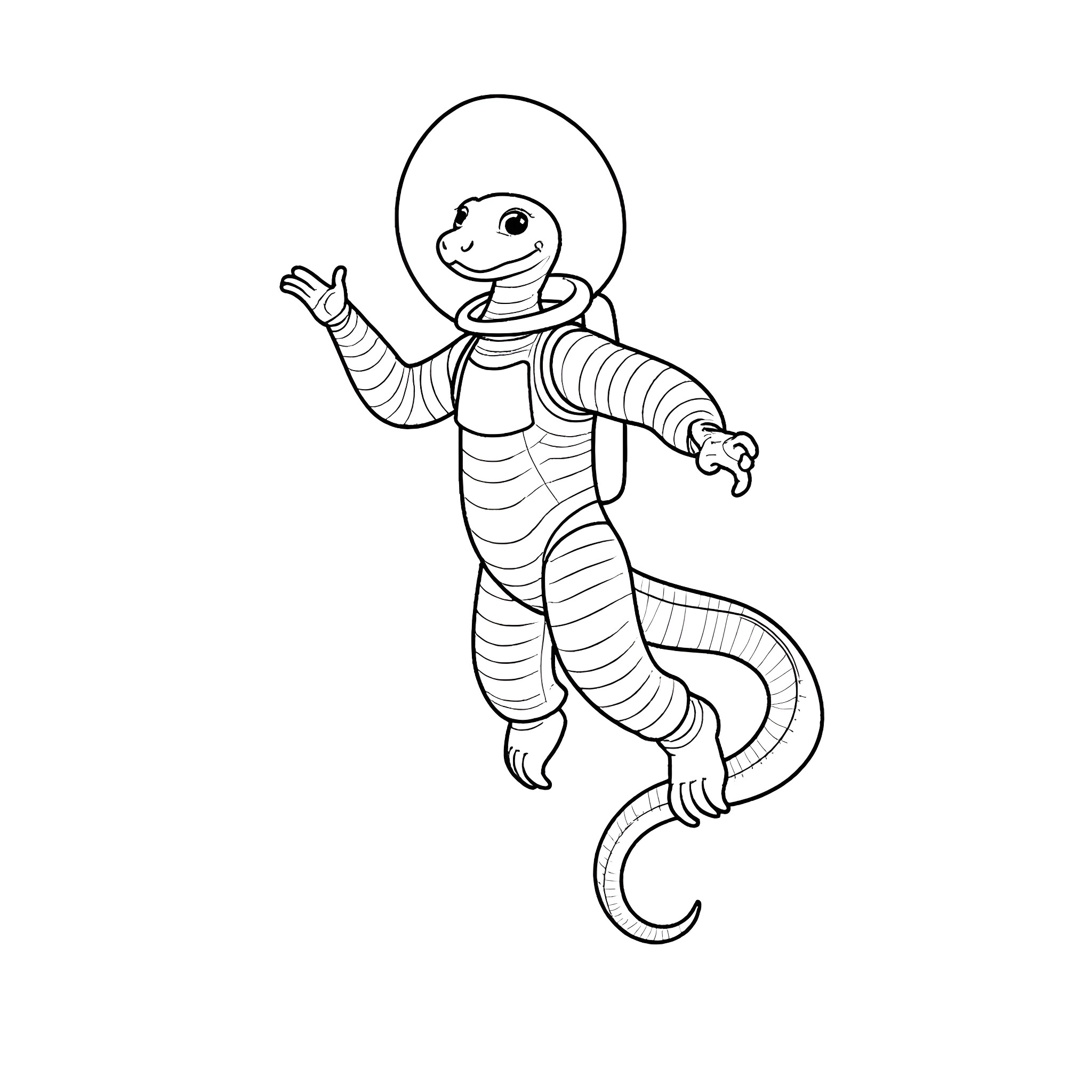 Rattlesnake astronaut in a spacesuit floating Coloring Page (free black-and-white line drawing printable PDF for all, from beginners to advanced learners, including children, teens, adults, and seniors)