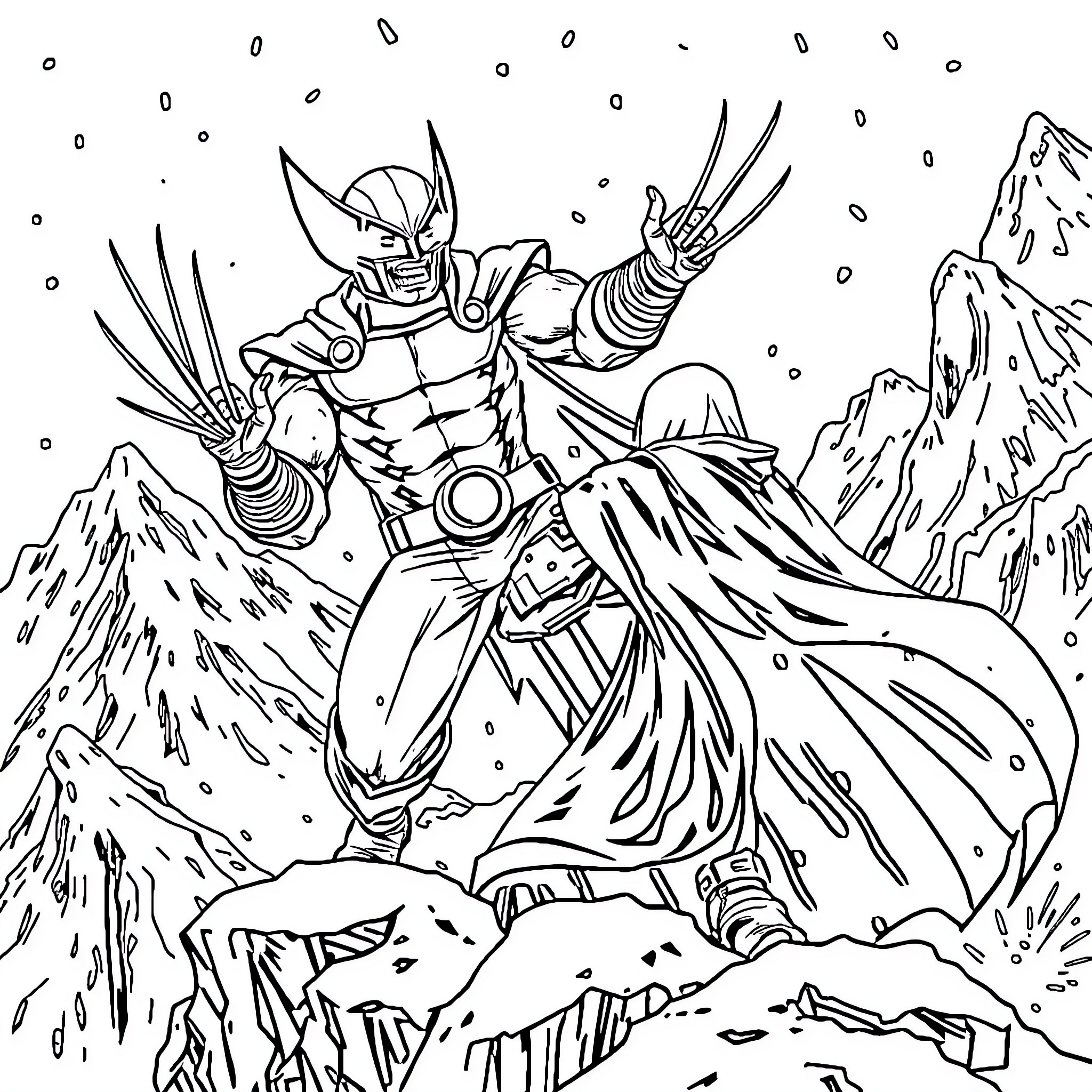 Wolverine warrior in a snowy landscape Coloring Page (free black-and-white line drawing printable PDF for all, from beginners to advanced learners, including children, teens, adults, and seniors)