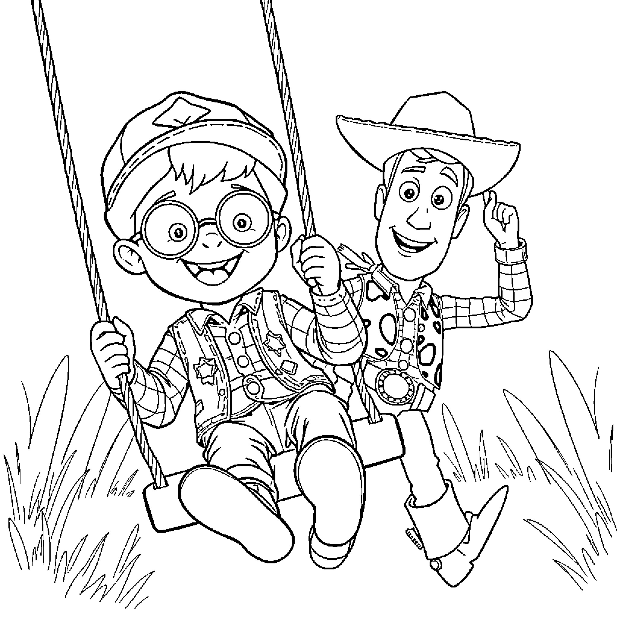 Boy and Cowboy Enjoying Swing in the Meadow Coloring Page (free black-and-white line drawing printable PDF for all, from beginners to advanced learners, including children, teens, adults, and seniors)