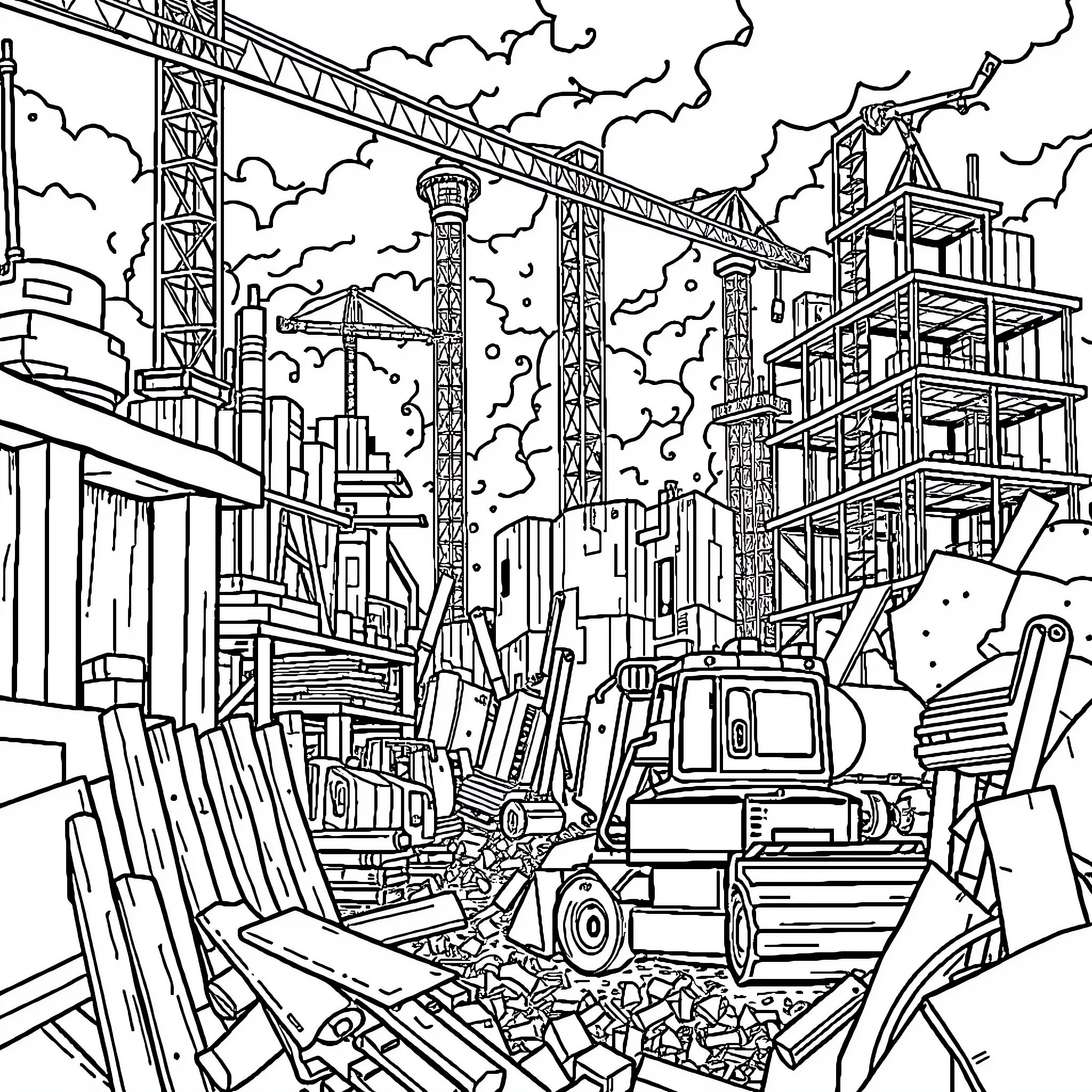 Construction Vehicle Operations at Busy Construction Site Coloring Page (free black-and-white line drawing printable PDF for all, from beginners to advanced learners, including children, teens, adults, and seniors)