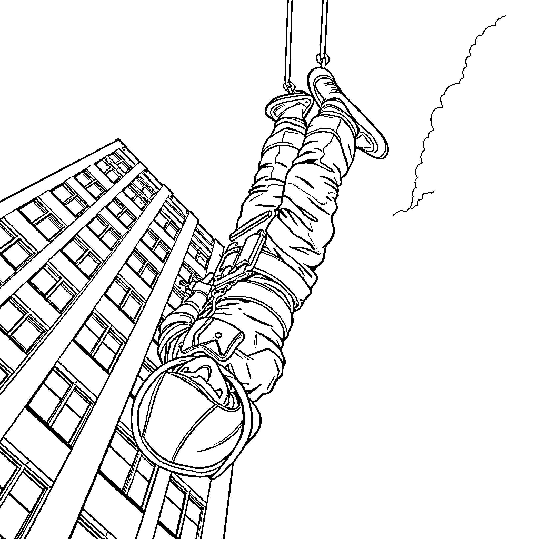 Firefighter scaling high-rise building in rescue operation Coloring Page (free black-and-white line drawing printable PDF for all, from beginners to advanced learners, including children, teens, adults, and seniors)