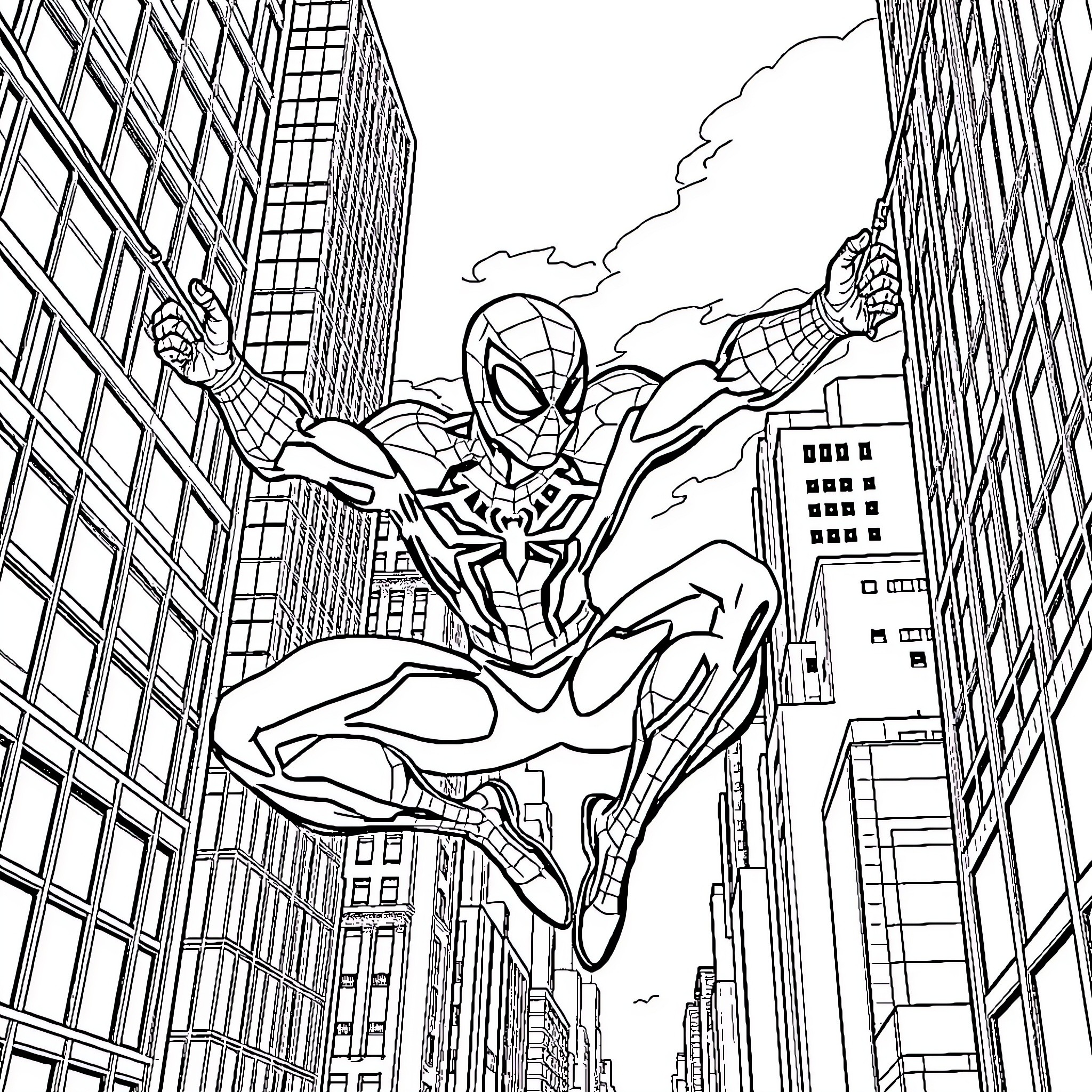 Spider-Man Swinging Through Cityscape Coloring Page (free black-and-white line drawing printable PDF for all, from beginners to advanced learners, including children, teens, adults, and seniors)