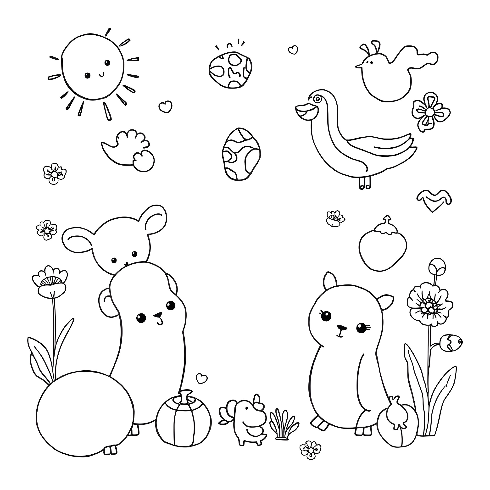Design for a Whimsical Nature Scene with Animals Coloring Page (free black-and-white line drawing printable PDF for all, from beginners to advanced learners, including children, teens, adults, and seniors)