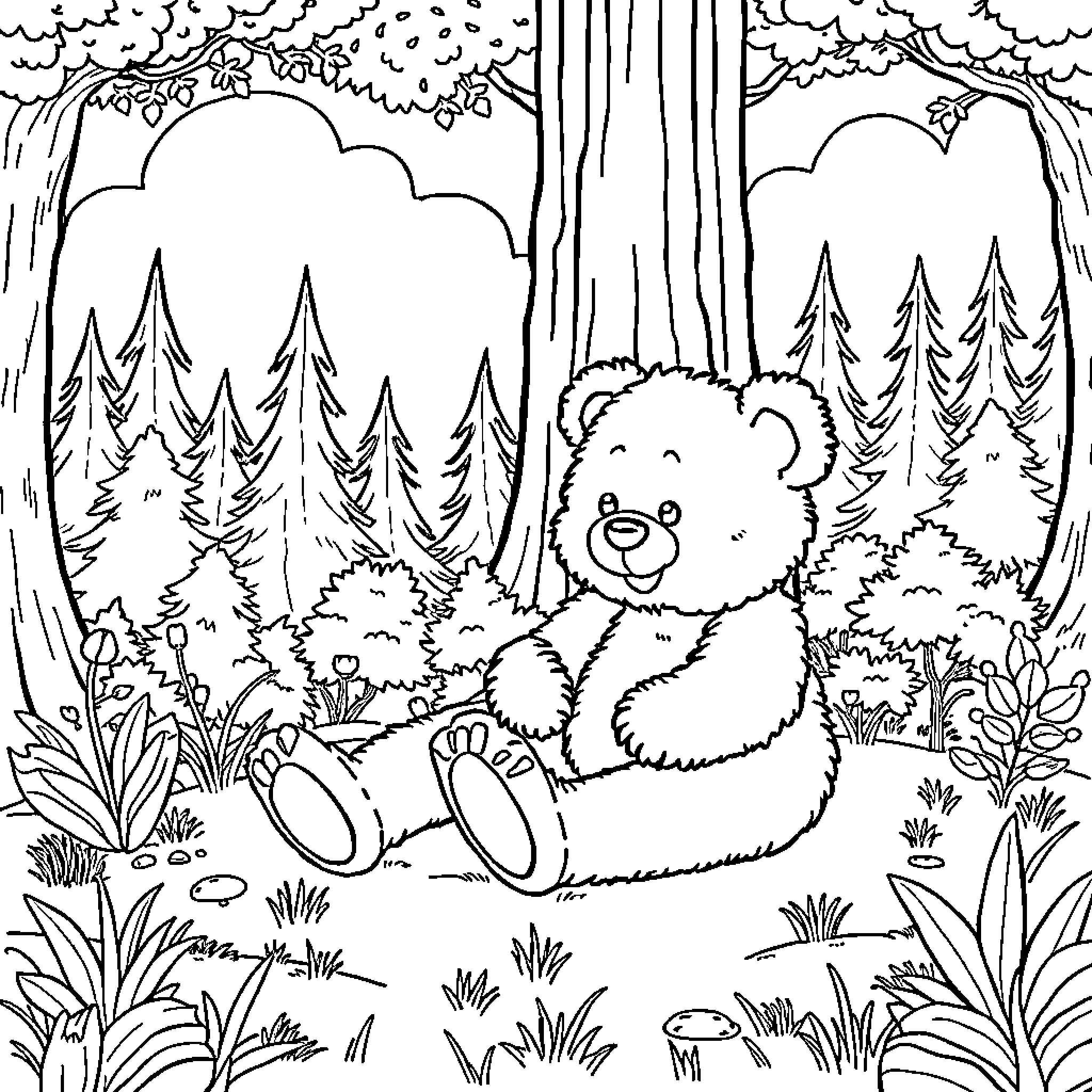 Teddy Bear Exploring the Enchanted Forest Coloring Page (free black-and-white line drawing printable PDF for all, from beginners to advanced learners, including children, teens, adults, and seniors)
