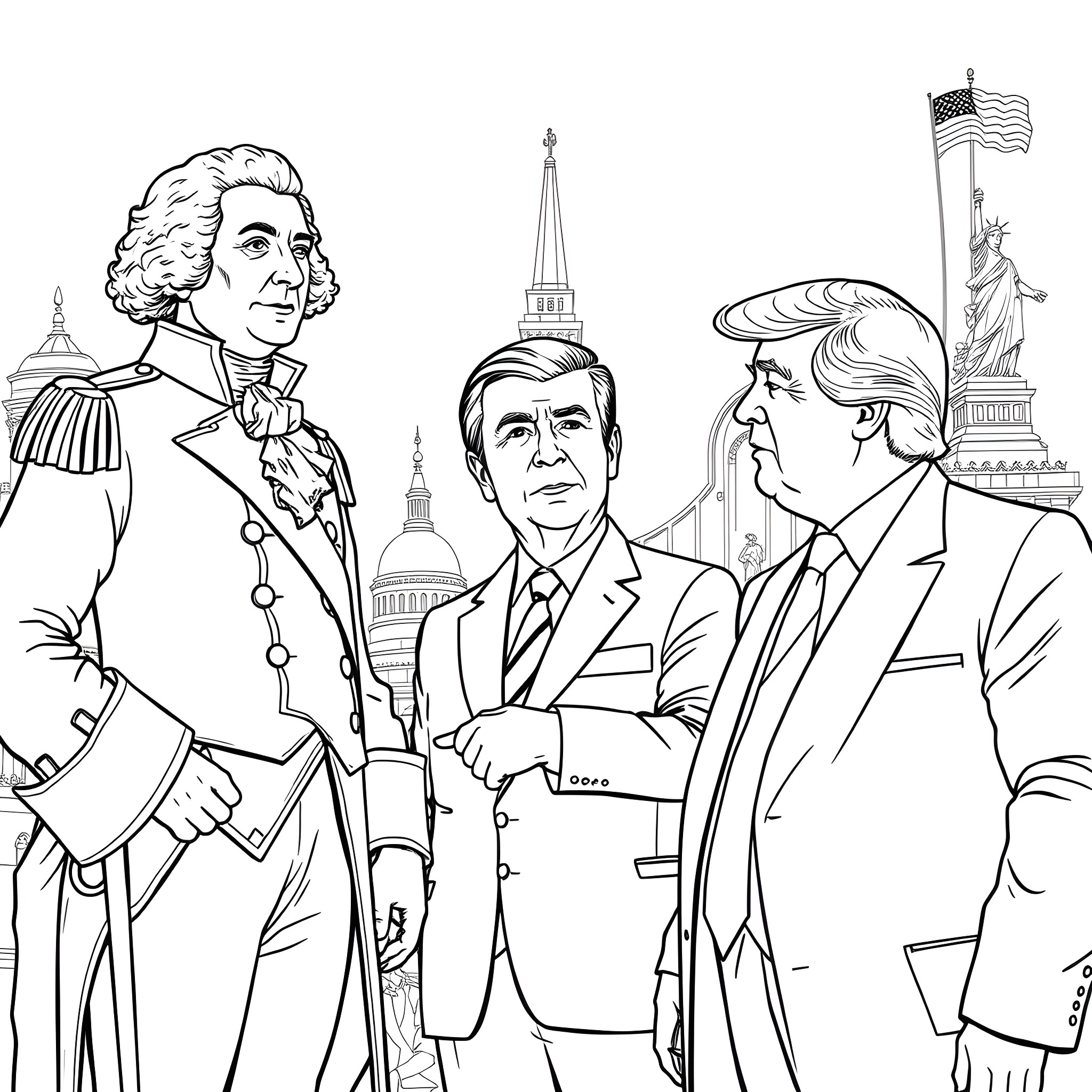 President and Leaders in Formal Attire at National Monument Coloring Page (free black-and-white line drawing printable PDF for all, from beginners to advanced learners, including children, teens, adults, and seniors)