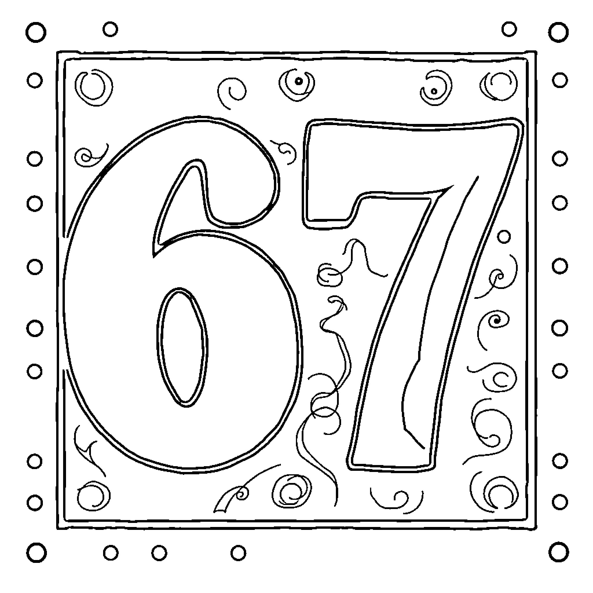 67 Playful Numeric Design with Decorative Elements Coloring Page (free black-and-white line drawing printable PDF for all, from beginners to advanced learners, including children, teens, adults, and seniors)