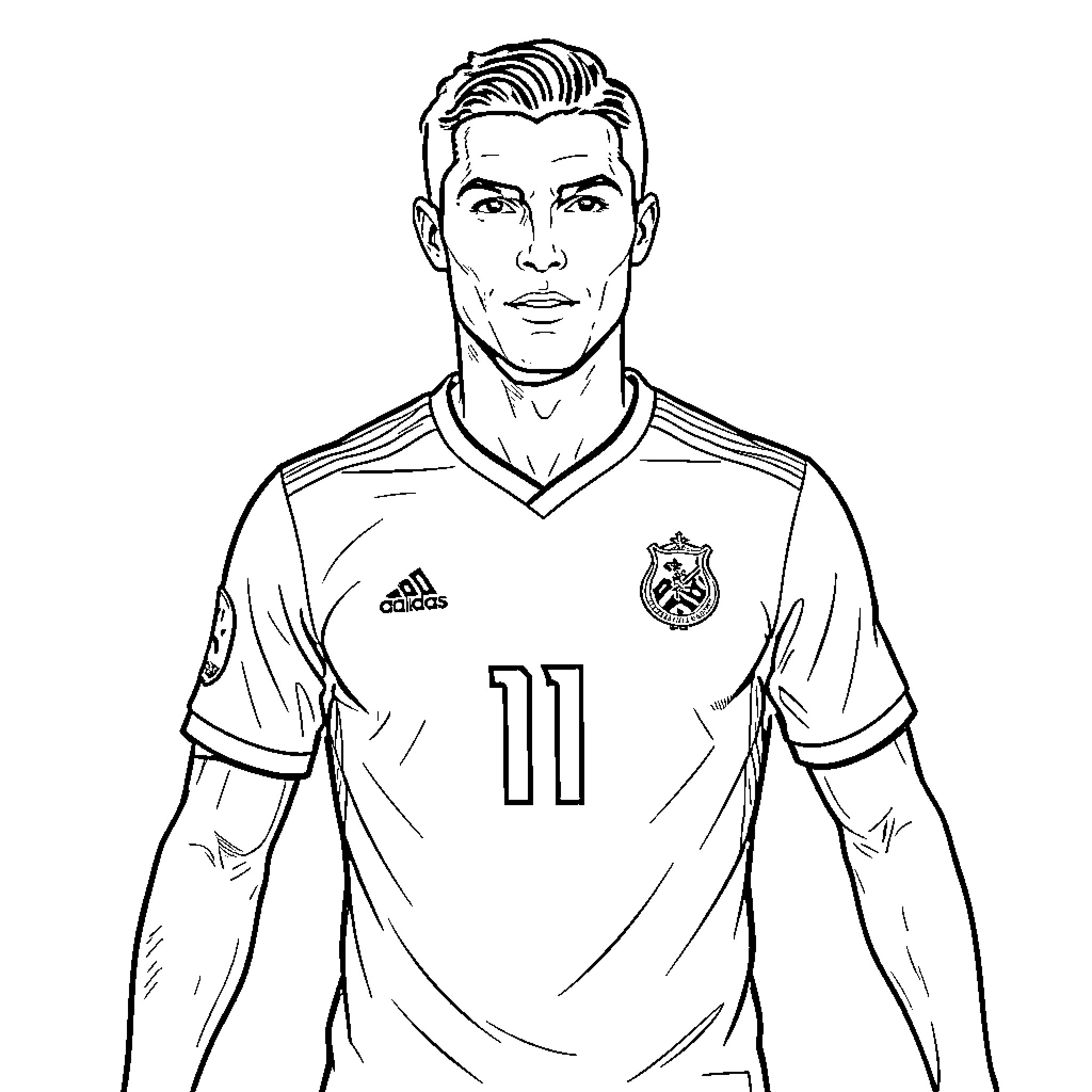 Ronaldo wearing soccer jersey with number 11 Coloring Page (free black-and-white line drawing printable PDF for all, from beginners to advanced learners, including children, teens, adults, and seniors)