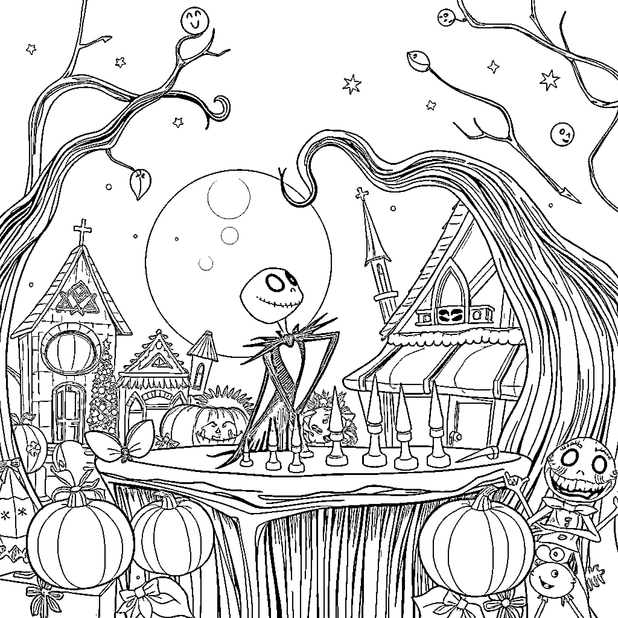 Nightmare Before Christmas Haunted Spooky Scene Coloring Page (free black-and-white line drawing printable PDF for all, from beginners to advanced learners, including children, teens, adults, and seniors)