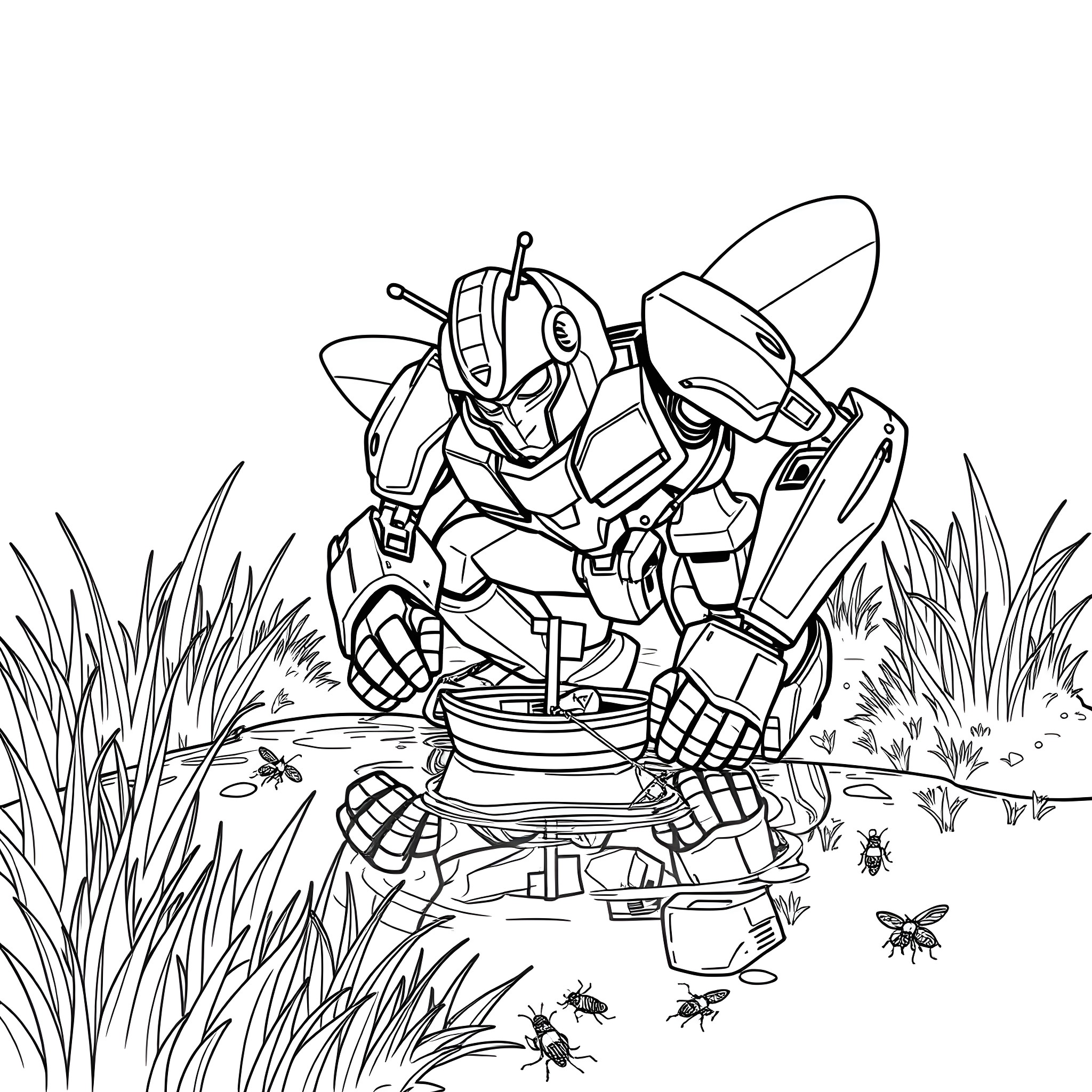 Bumblebee battling insects in the meadow Coloring Page (free black-and-white line drawing printable PDF for all, from beginners to advanced learners, including children, teens, adults, and seniors)