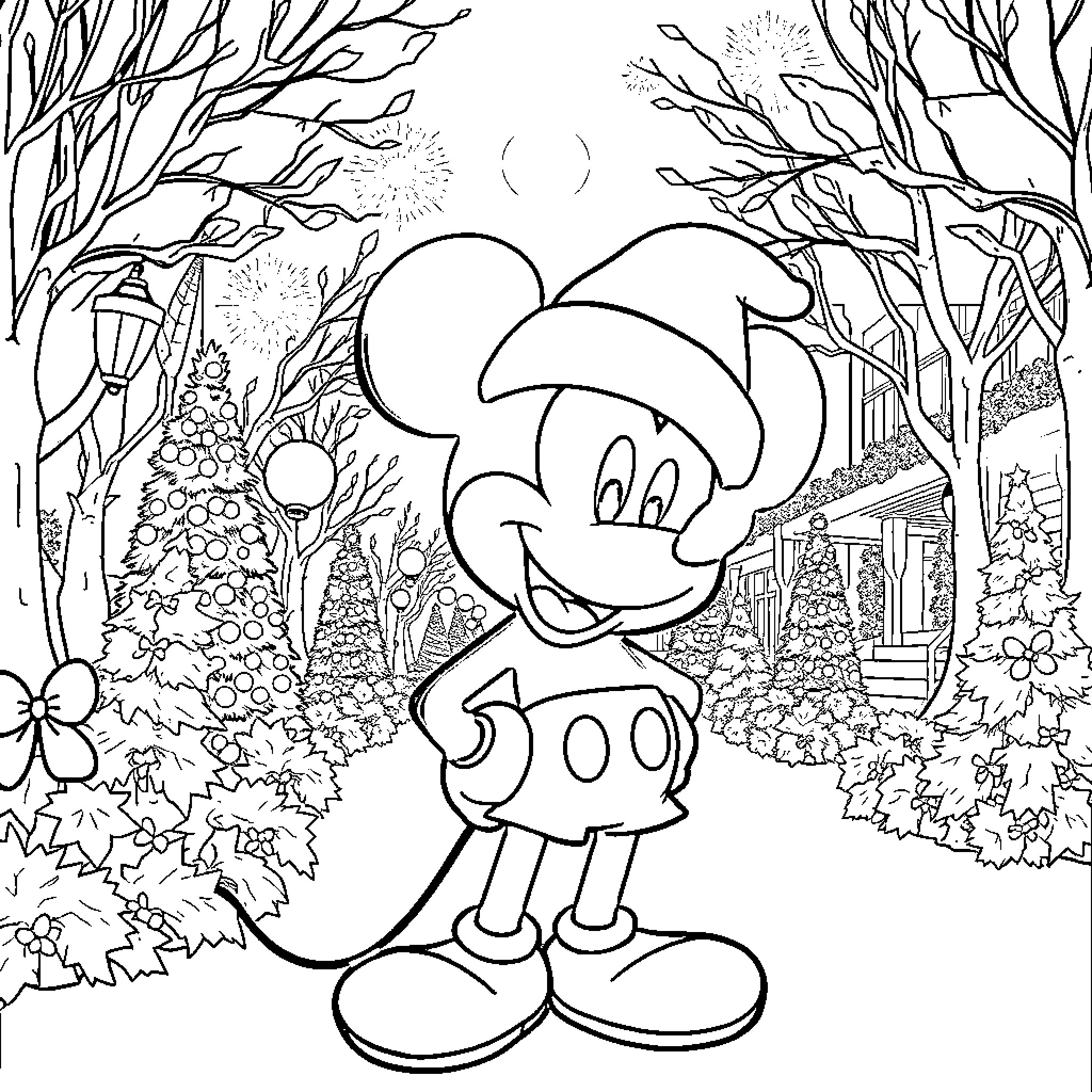 Mickey Mouse in Whimsical Woodland Scene Coloring Page (free black-and-white line drawing printable PDF for all, from beginners to advanced learners, including children, teens, adults, and seniors)
