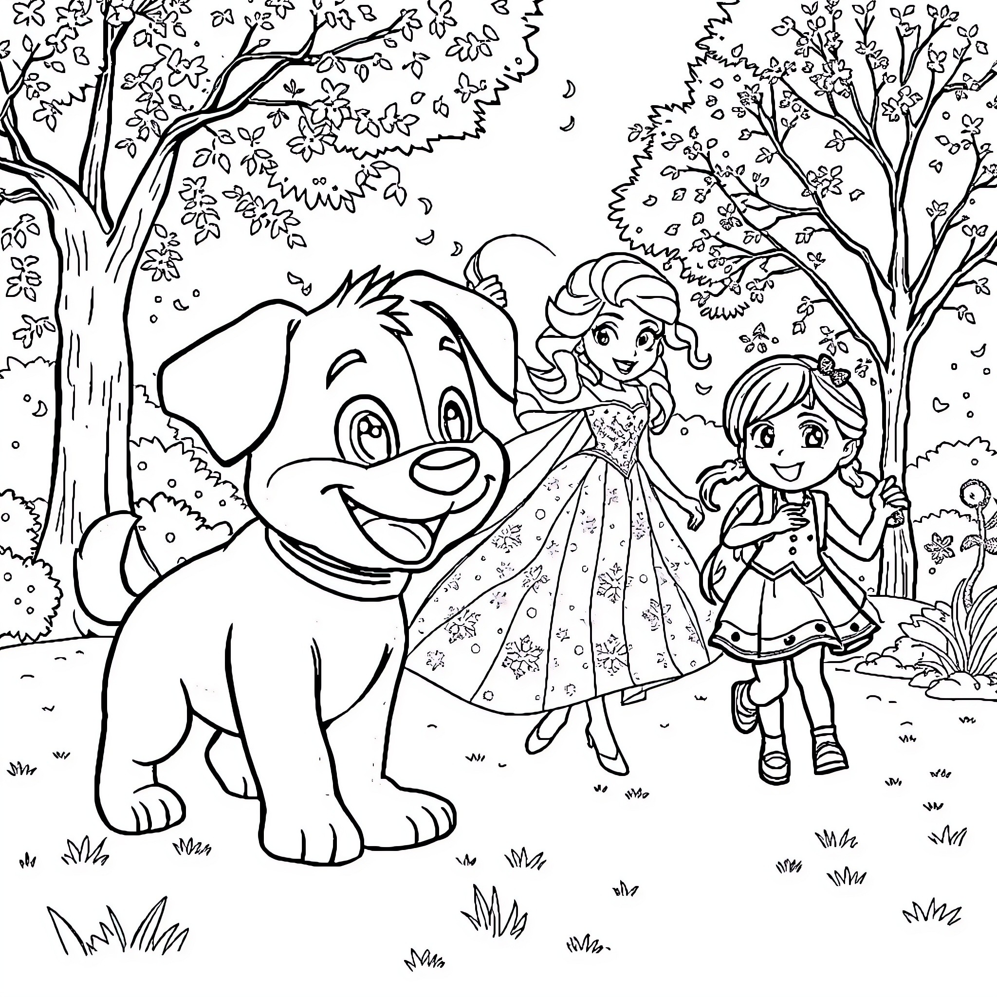 Bluey's Forest Adventure with Friends Coloring Page (free black-and-white line drawing printable PDF for all, from beginners to advanced learners, including children, teens, adults, and seniors)