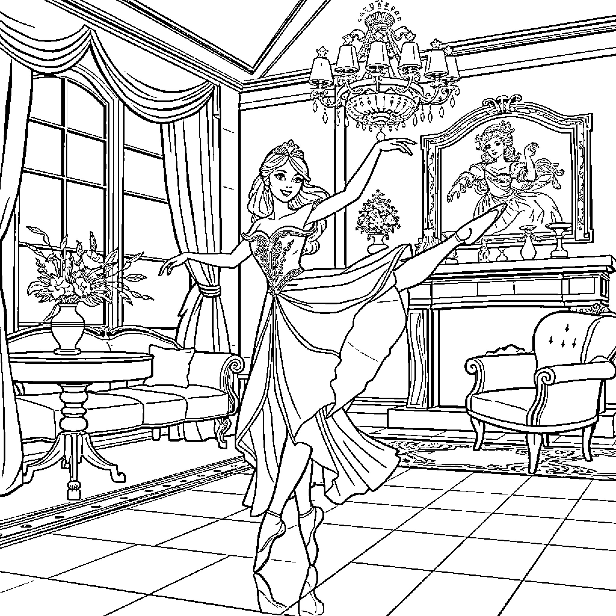 Princesa dancing gracefully in a lavish ballroom Coloring Page (free black-and-white line drawing printable PDF for all, from beginners to advanced learners, including children, teens, adults, and seniors)