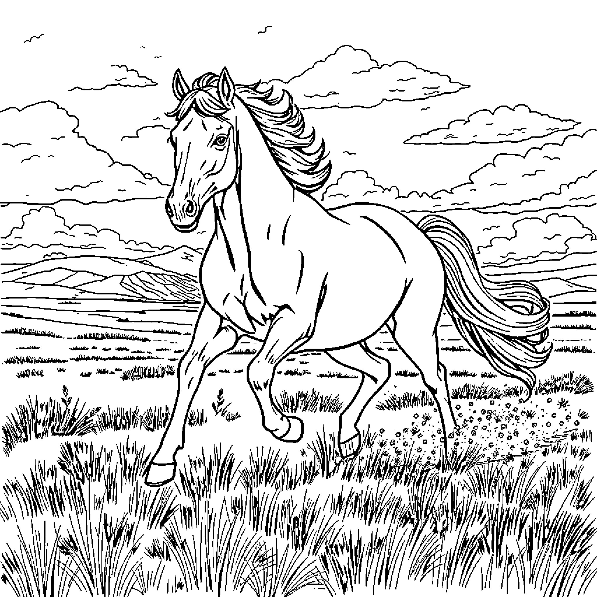 Horse running freely through the scenic countryside Coloring Page (free black-and-white line drawing printable PDF for all, from beginners to advanced learners, including children, teens, adults, and seniors)