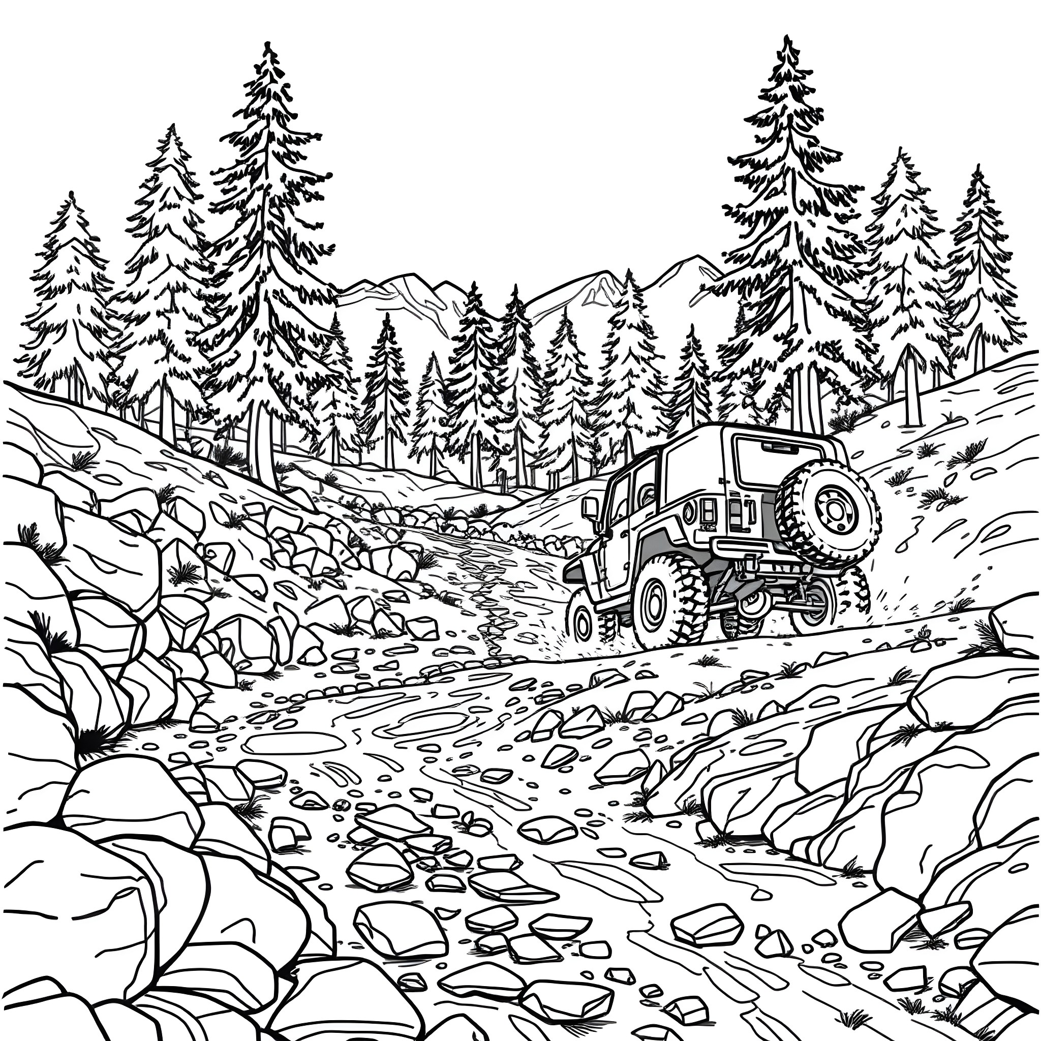 Off-road adventure through the rugged wilderness Coloring Page (free black-and-white line drawing printable PDF for all, from beginners to advanced learners, including children, teens, adults, and seniors)
