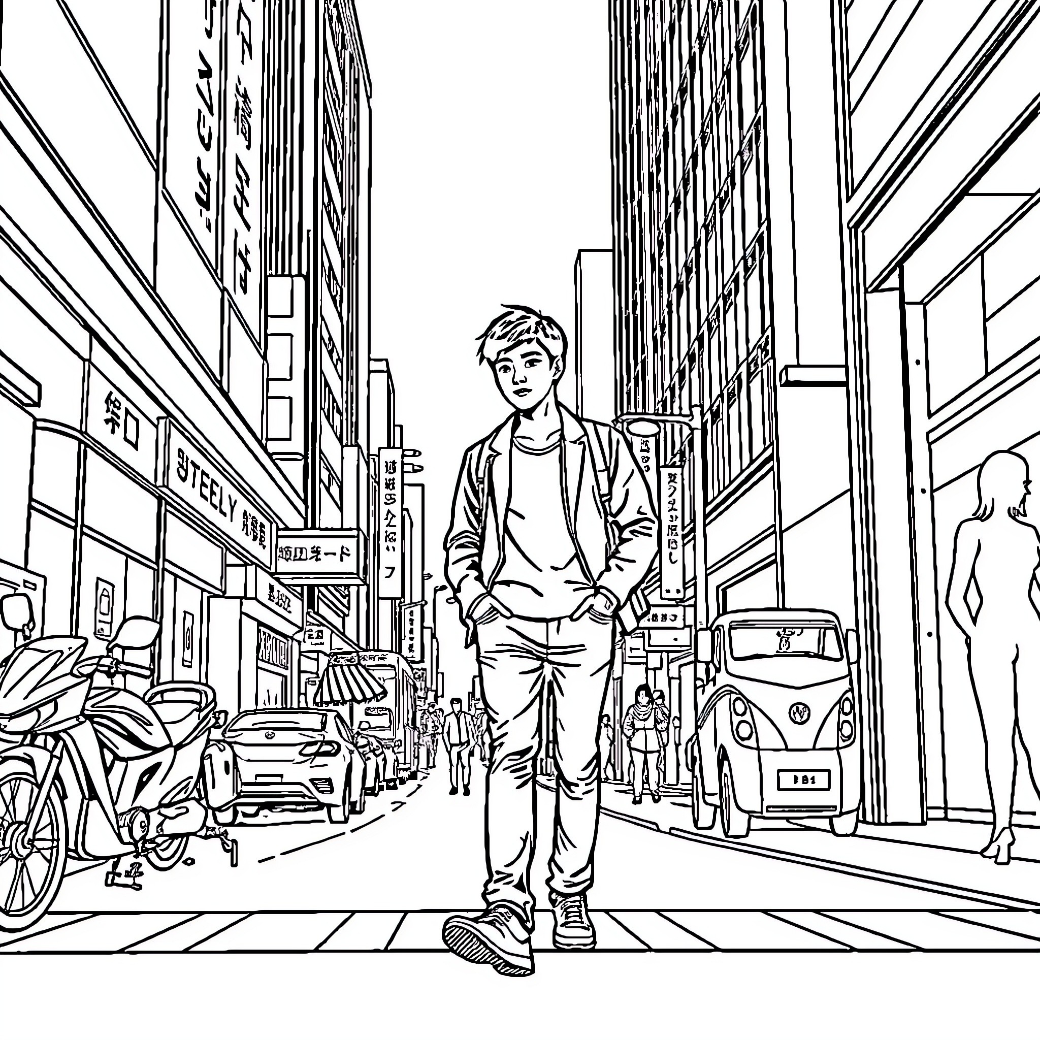 Sung Jin Woo explores the bustling city streets Coloring Page (free black-and-white line drawing printable PDF for all, from beginners to advanced learners, including children, teens, adults, and seniors)