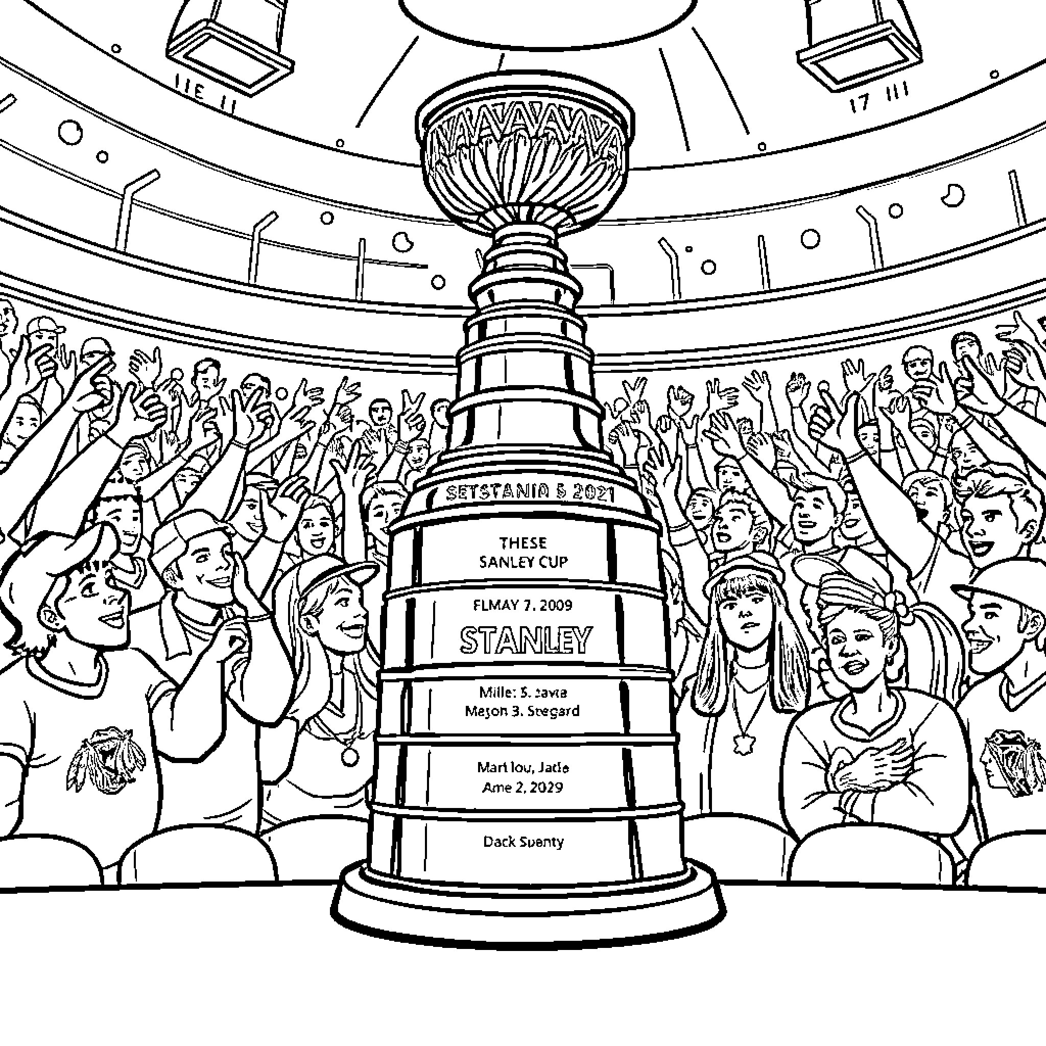 Stanley Cup Celebration with Joyous Fans Coloring Page (free black-and-white line drawing printable PDF for all, from beginners to advanced learners, including children, teens, adults, and seniors)