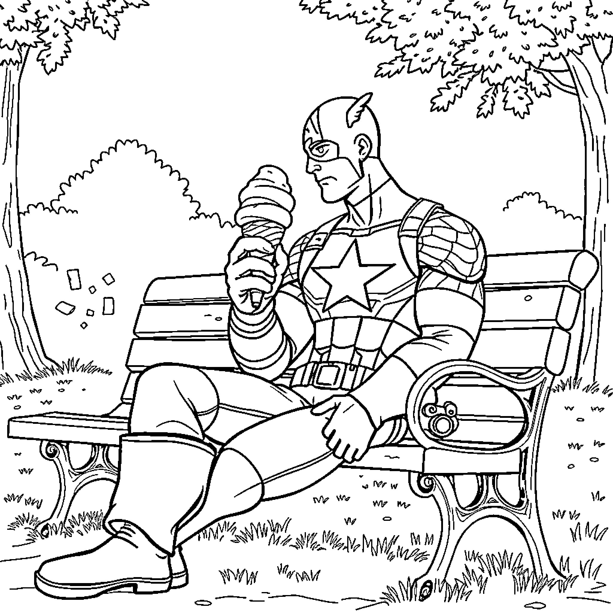 Captain America enjoying a peaceful moment in the park Coloring Page (free black-and-white line drawing printable PDF for all, from beginners to advanced learners, including children, teens, adults, and seniors)