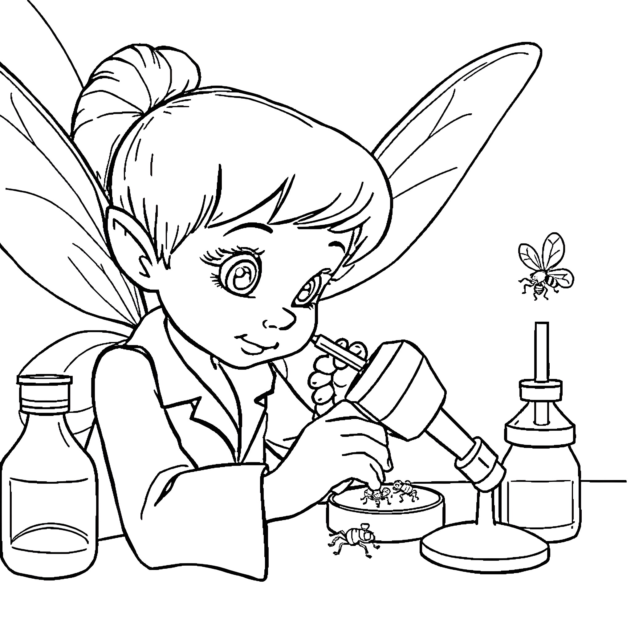 Tinkerbell's Magical Laboratory Experiment Coloring Page (free black-and-white line drawing printable PDF for all, from beginners to advanced learners, including children, teens, adults, and seniors)