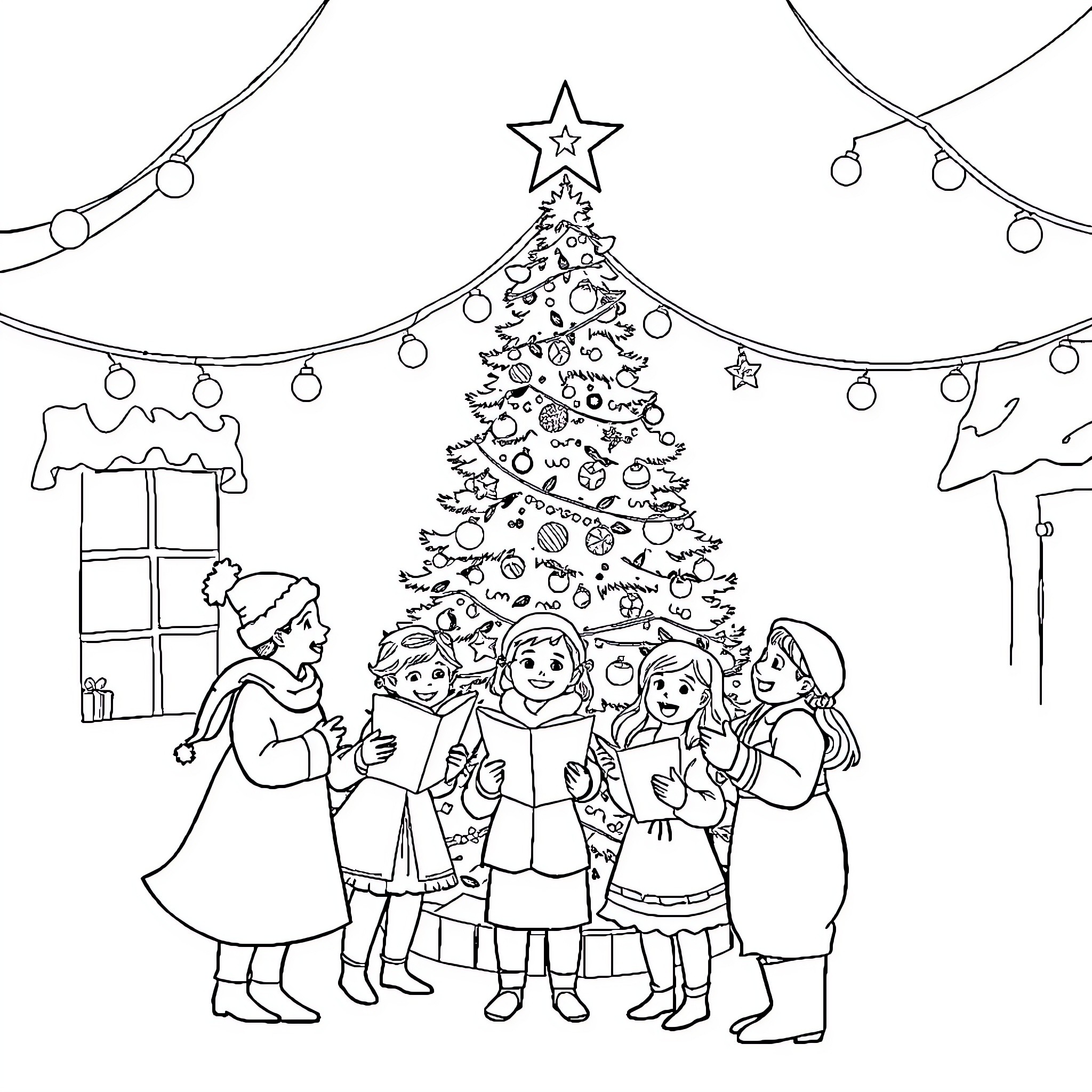Christmas gathering around decorated tree Coloring Page (free black-and-white line drawing printable PDF for all, from beginners to advanced learners, including children, teens, adults, and seniors)