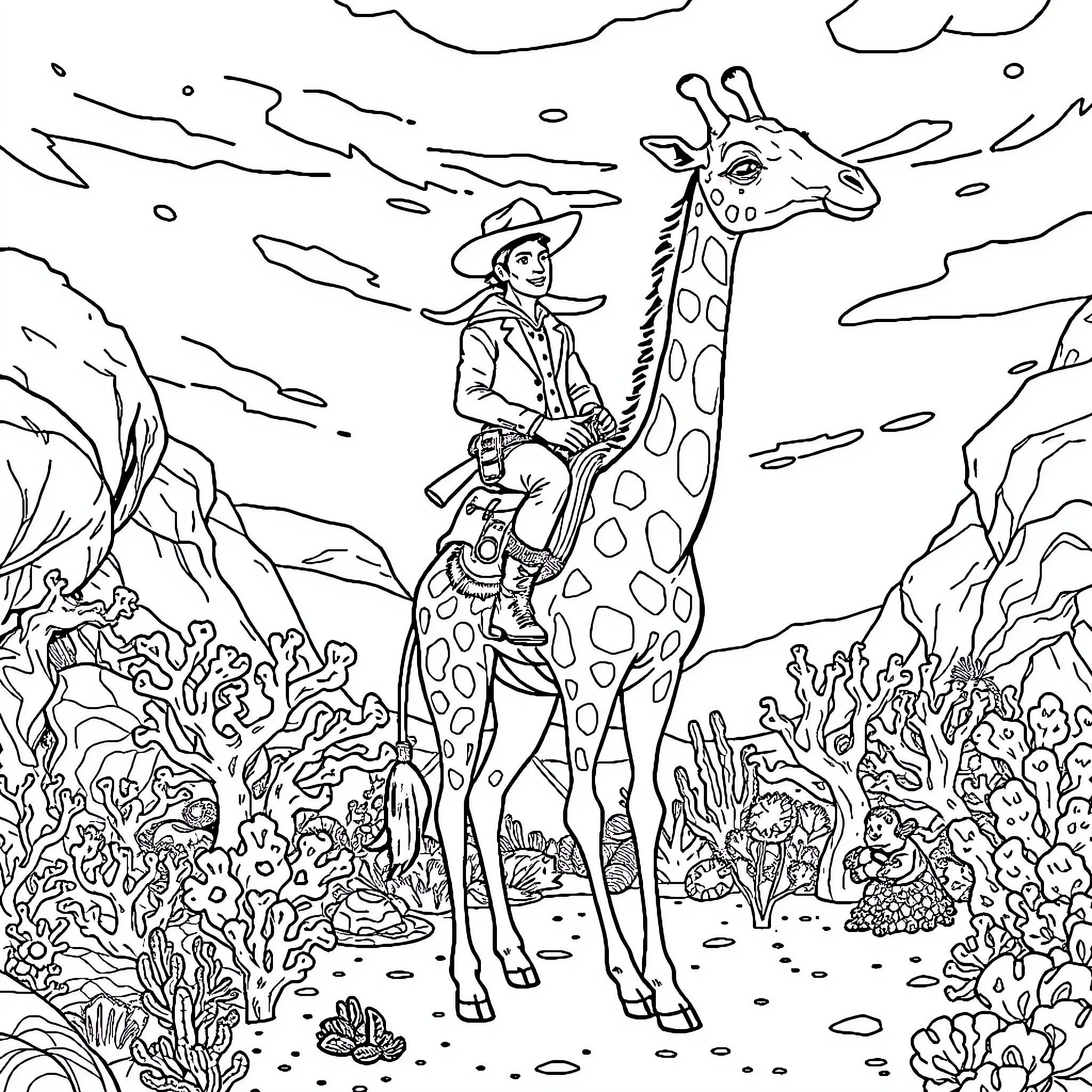 Cowboy encountering a giraffe in a surreal landscape Coloring Page (free black-and-white line drawing printable PDF for all, from beginners to advanced learners, including children, teens, adults, and seniors)