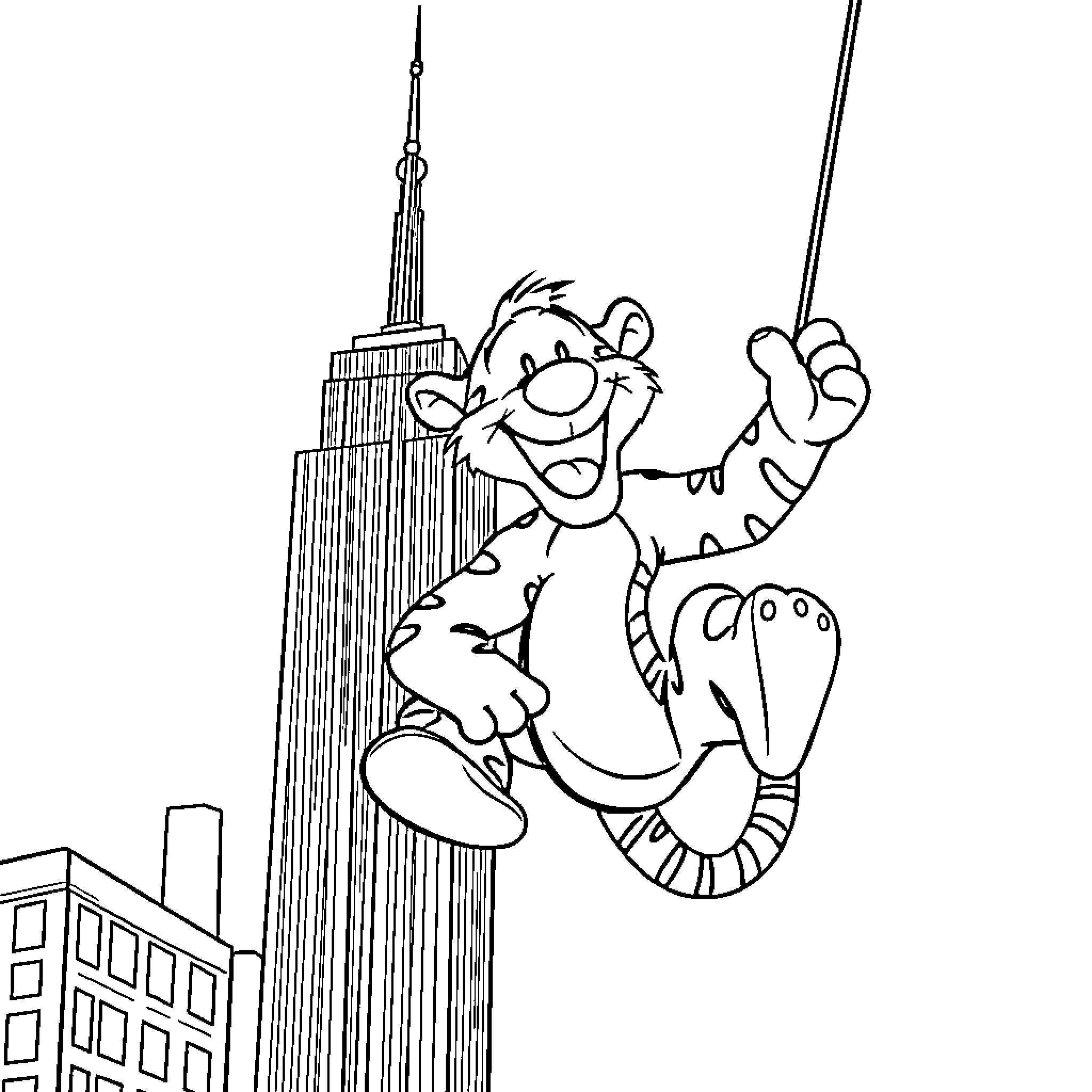 Tigger Swinging on Skyscraper in the City Coloring Page (free black-and-white line drawing printable PDF for all, from beginners to advanced learners, including children, teens, adults, and seniors)