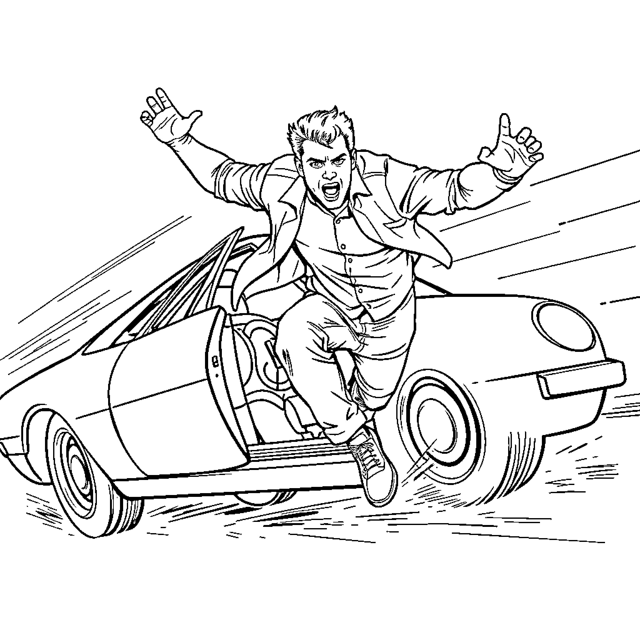 Man driving car with excited expression Coloring Page (free black-and-white line drawing printable PDF for all, from beginners to advanced learners, including children, teens, adults, and seniors)