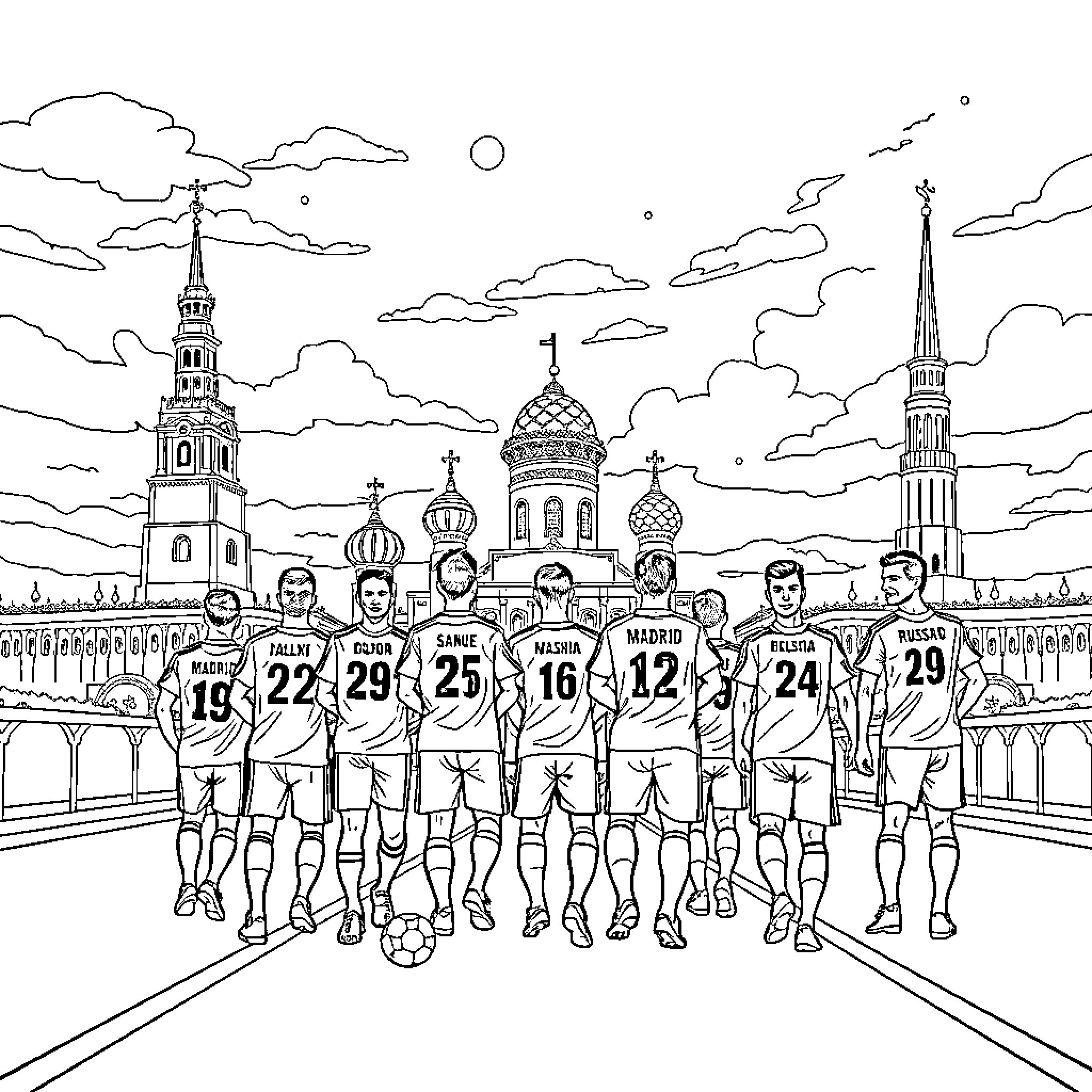 Real Madrid players in action on the field Coloring Page (free black-and-white line drawing printable PDF for all, from beginners to advanced learners, including children, teens, adults, and seniors)