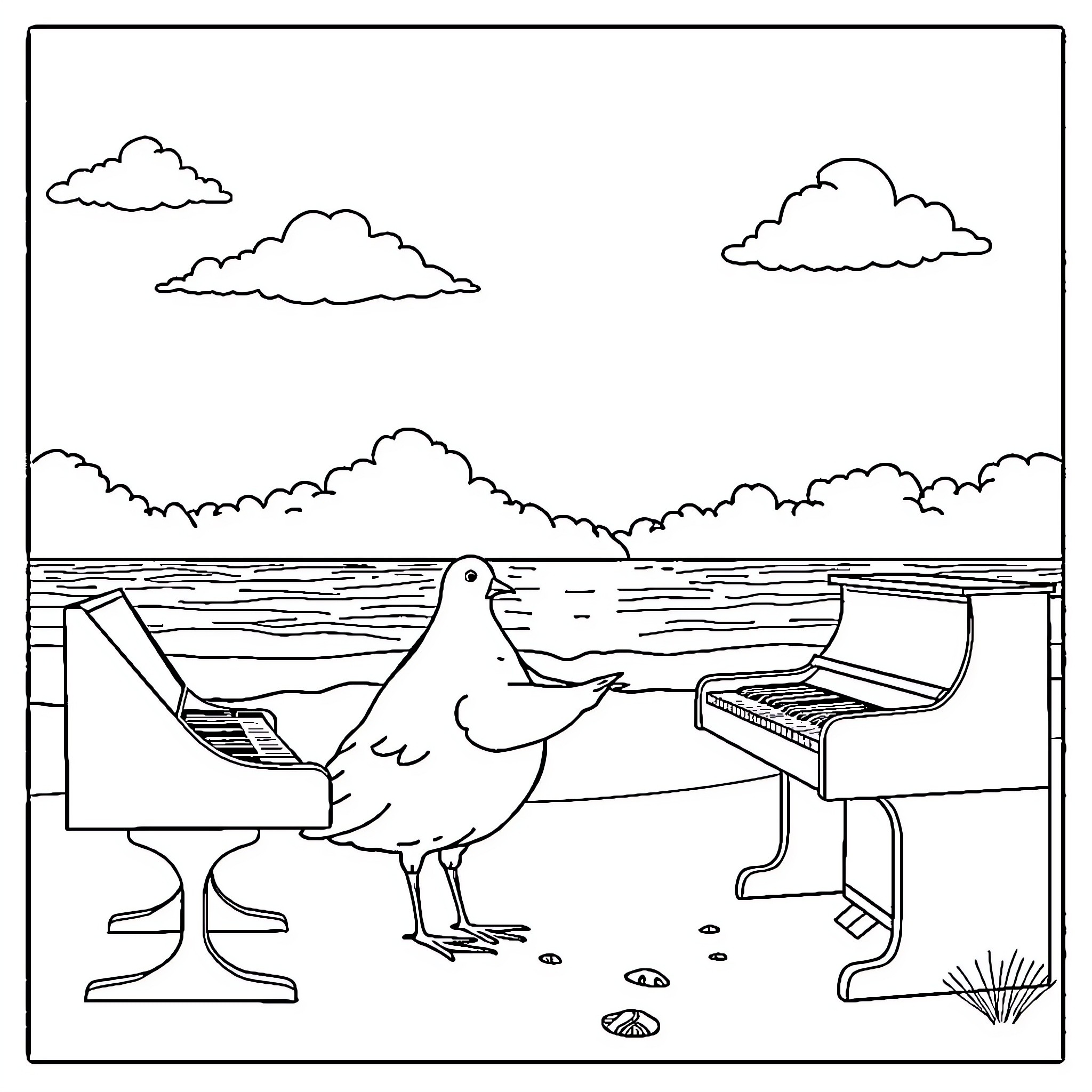 Poule playing by the ocean with musical instruments Coloring Page (free black-and-white line drawing printable PDF for all, from beginners to advanced learners, including children, teens, adults, and seniors)