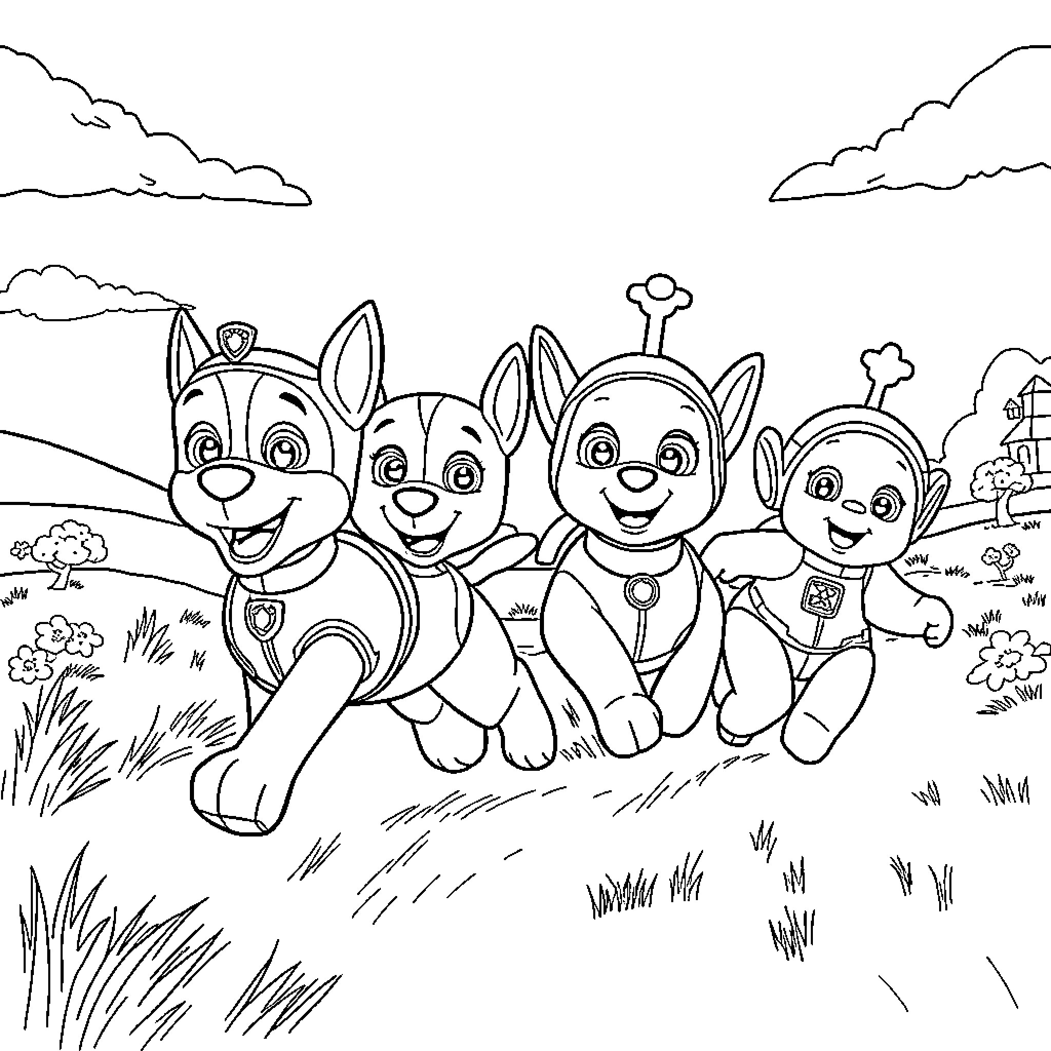 Chase for adventure with playful pups Coloring Page (free black-and-white line drawing printable PDF for all, from beginners to advanced learners, including children, teens, adults, and seniors)