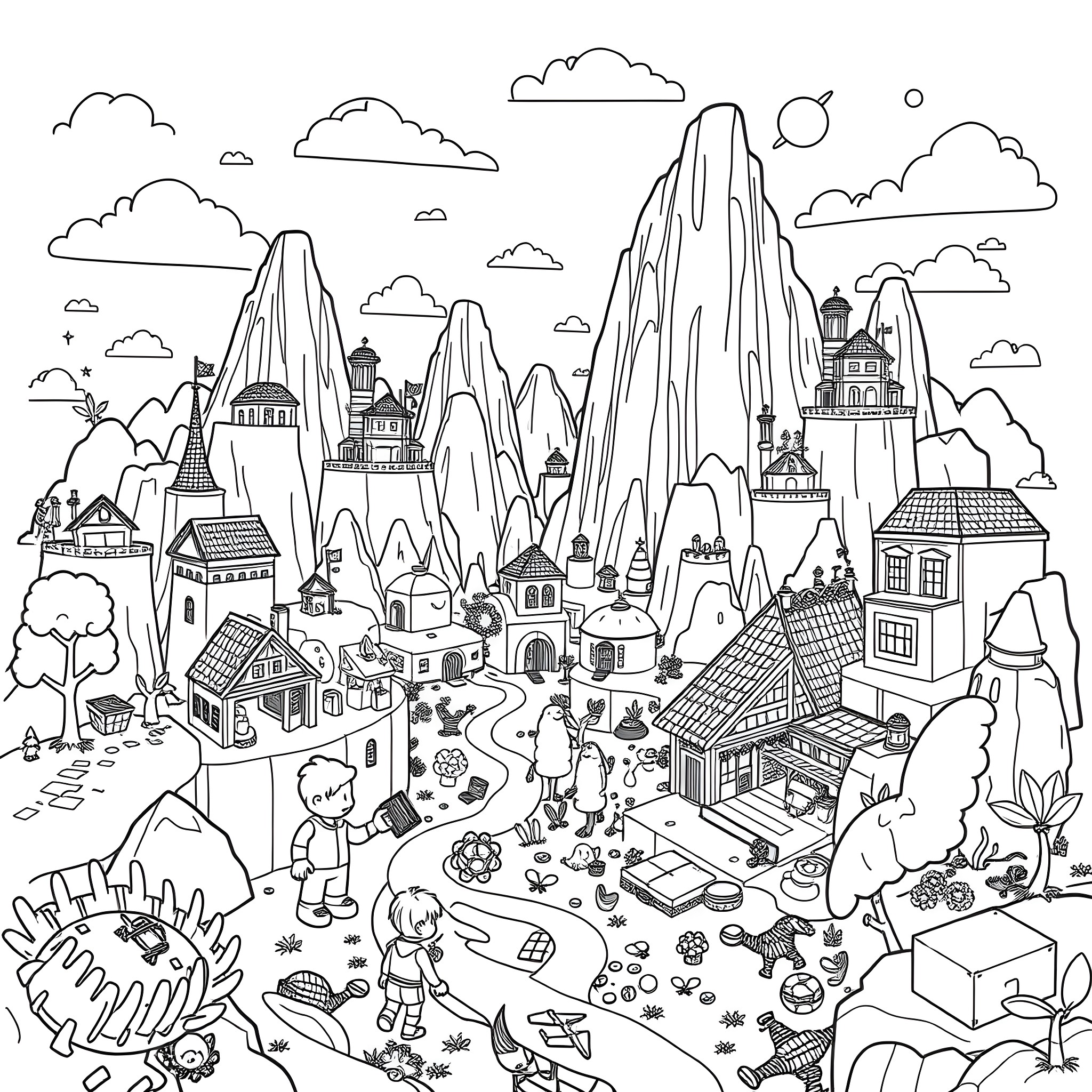 Roblox characters exploring an imaginative fantasy landscape Coloring Page (free black-and-white line drawing printable PDF for all, from beginners to advanced learners, including children, teens, adults, and seniors)